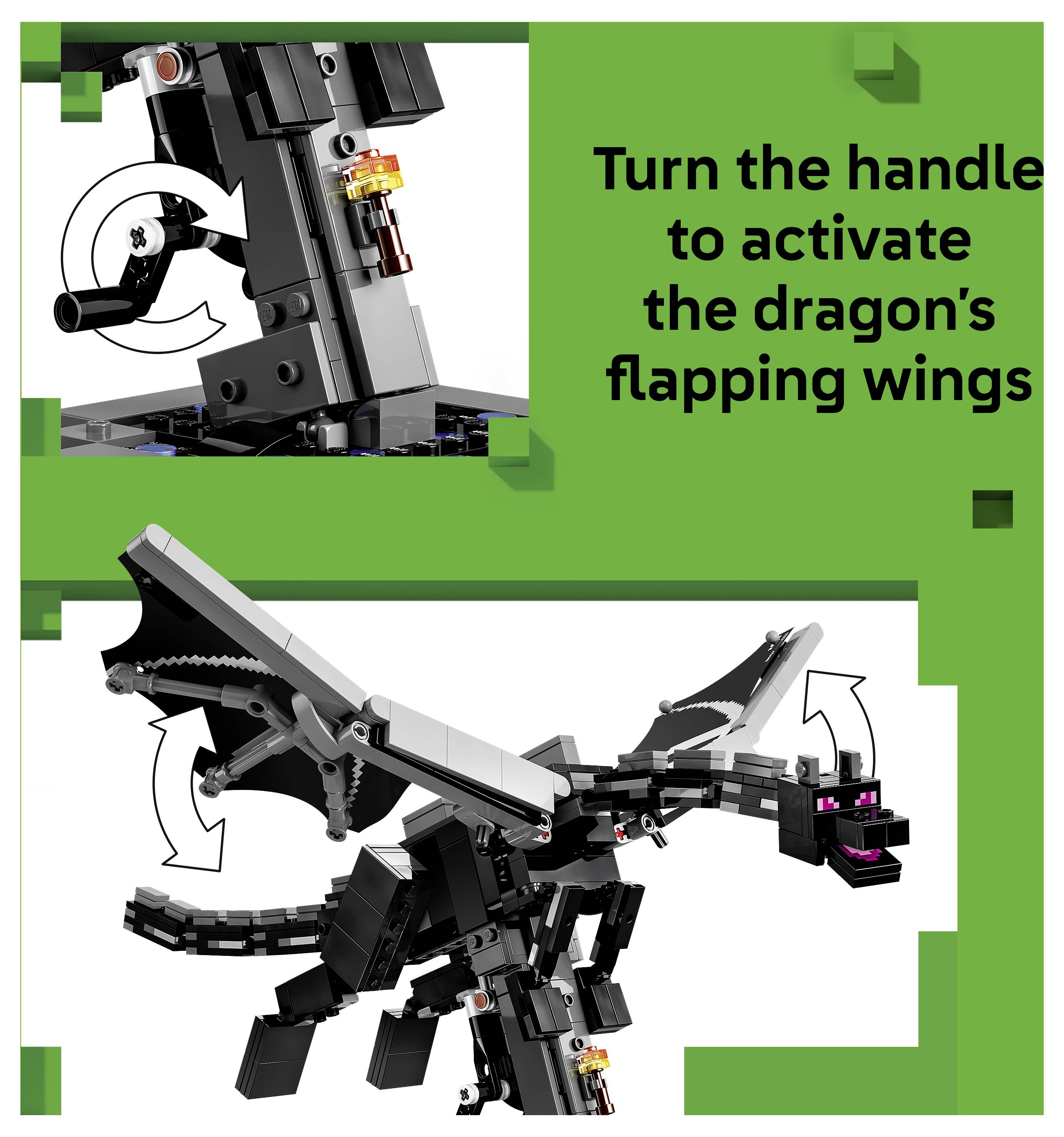 Bedienungsanleitung einer LEGO-Drachenfigur; das Drehen des Griffs aktiviert seine flatternden Flügel, dargestellt mit Pfeilen und detaillierten Nahaufnahmen des Mechanismus.