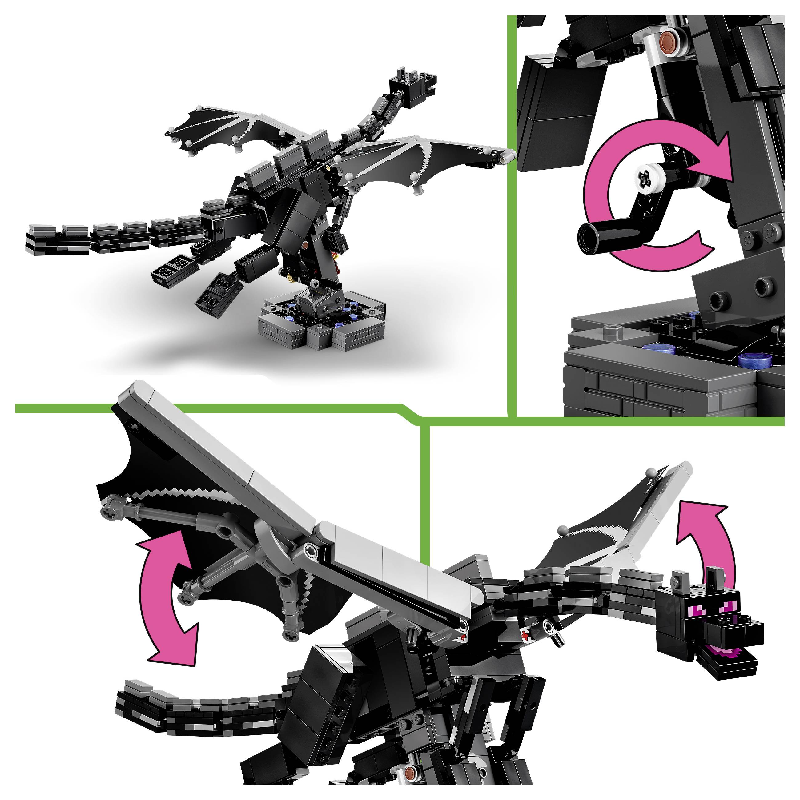 LEGO-ähnliches schwarzes Drachenmodell mit beweglichen Flügeln, Schwanz und Kiefer; rosafarbene Pfeile zeigen bewegliche Teile und Flügel-/Beinrotation.