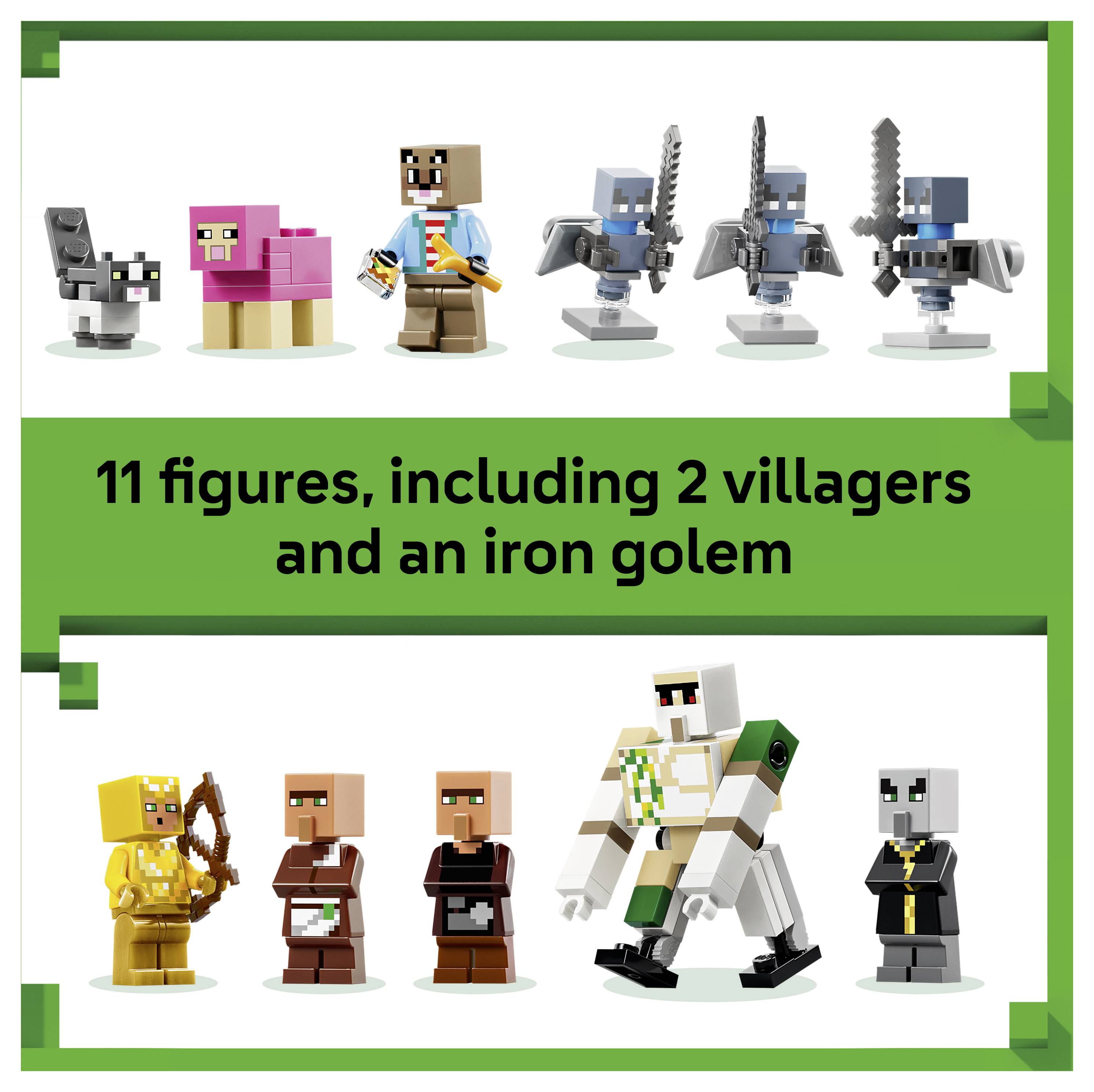 Werbebild einer Minecraft-Figurensammlung mit 11 Figuren, darunter 2 Dorfbewohner und einen Eisengolem, mit verschiedenen Charakteren auf weißem Hintergrund.