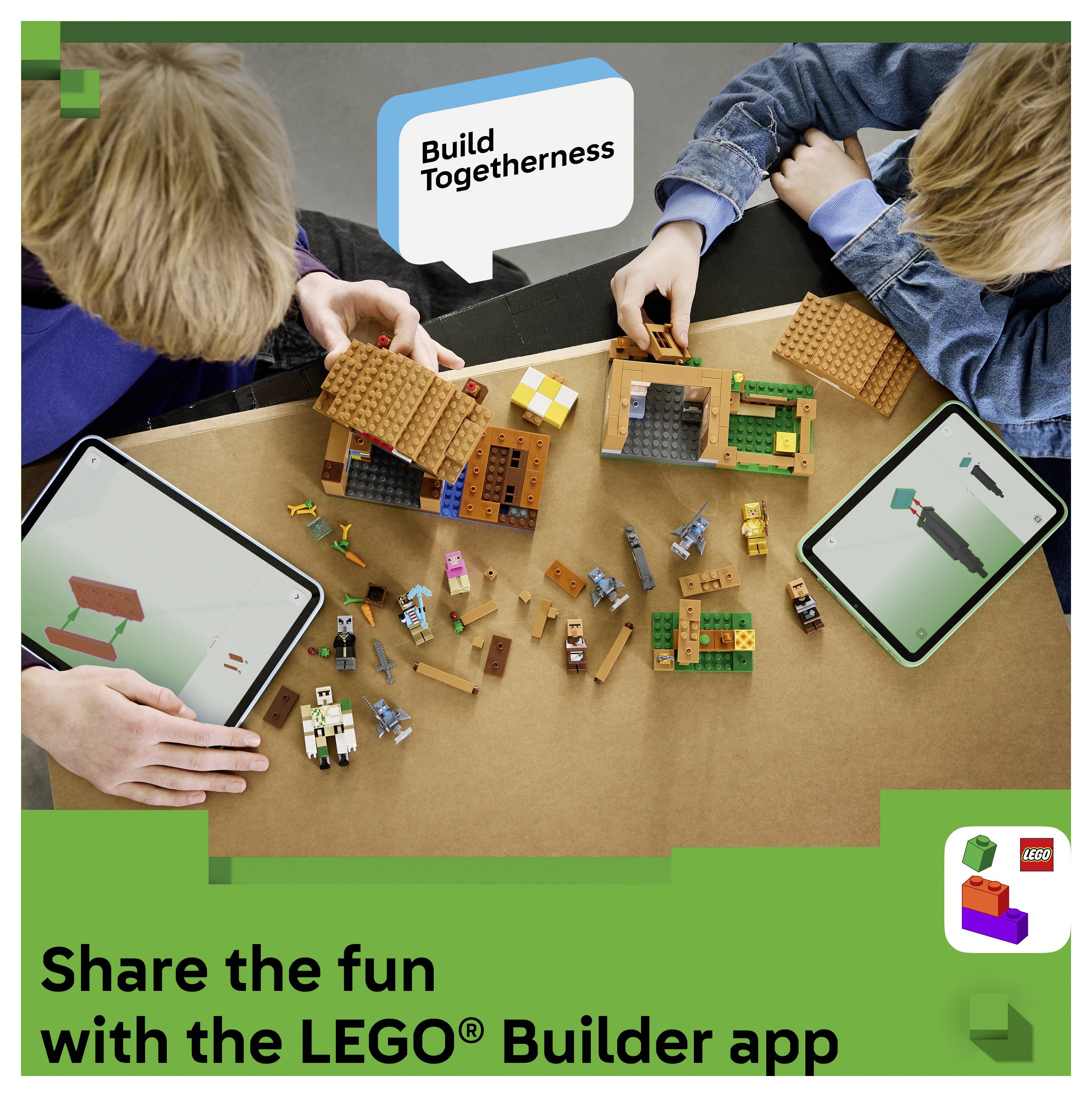 Kinder bauen gemeinsam LEGO-Häuser mit Tablets; Text sagt „Gemeinsam bauen