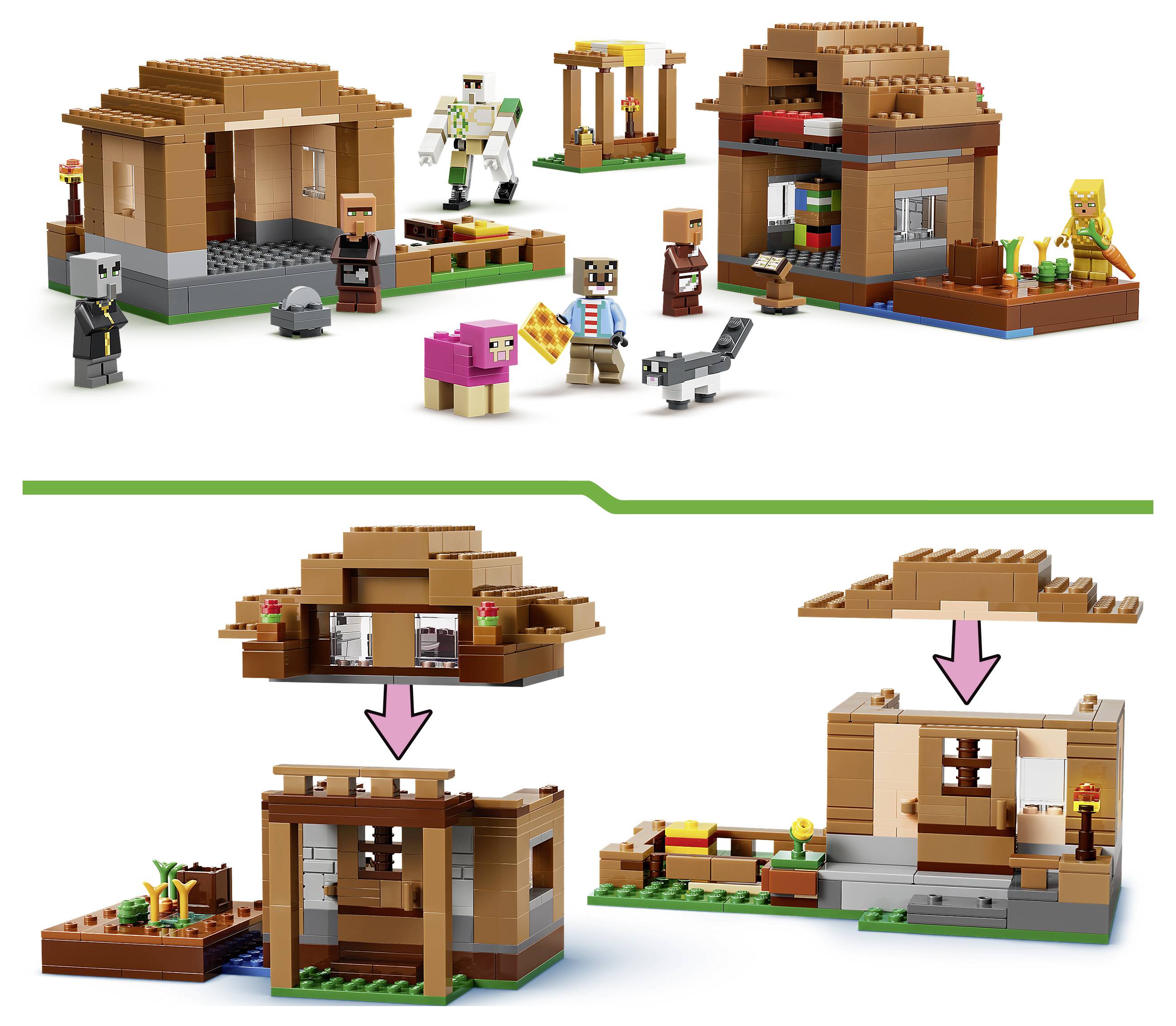 LEGO-ähnliche modulare Häusersätze, oben zusammengebaut und in zwei Schritt-für-Schritt-Bauumwandlungen darunter mit Pfeilen angezeigt.