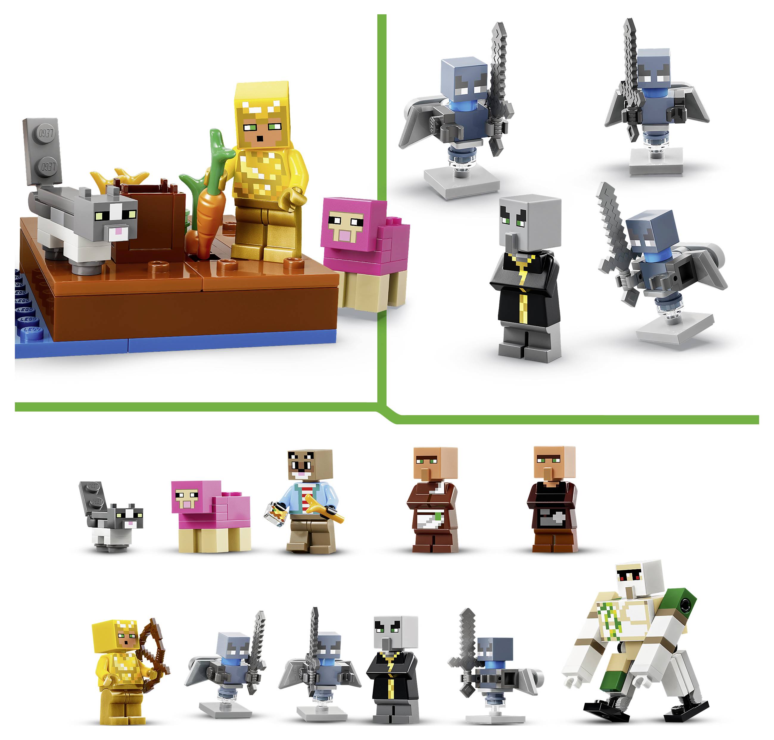 Minecraft-Spielzeugset mit einer goldgerüsteten Figur auf einem Floß mit einem Wolf und Schwein, plus mehrere Minifiguren einschließlich gepanzerter Krieger, Dorfbewohner und ein Panda.