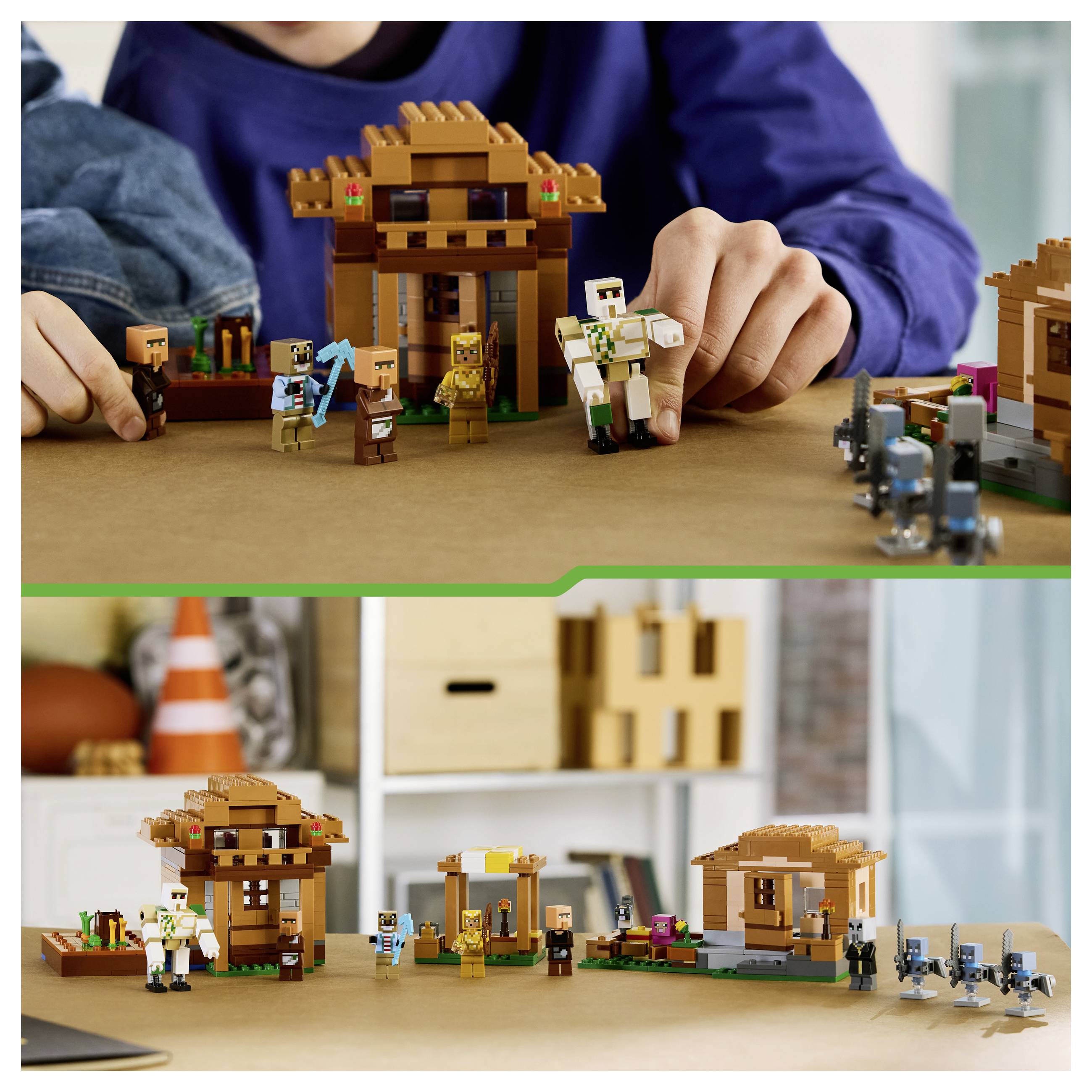 Hände platzieren kleine LEGO-ähnliche Dorfiguren und Gebäude auf einer Tischplatte, mit einer größeren Ansicht unten, die mehrere Miniaturhäuser und Charaktere in einer Spielszene zeigt.