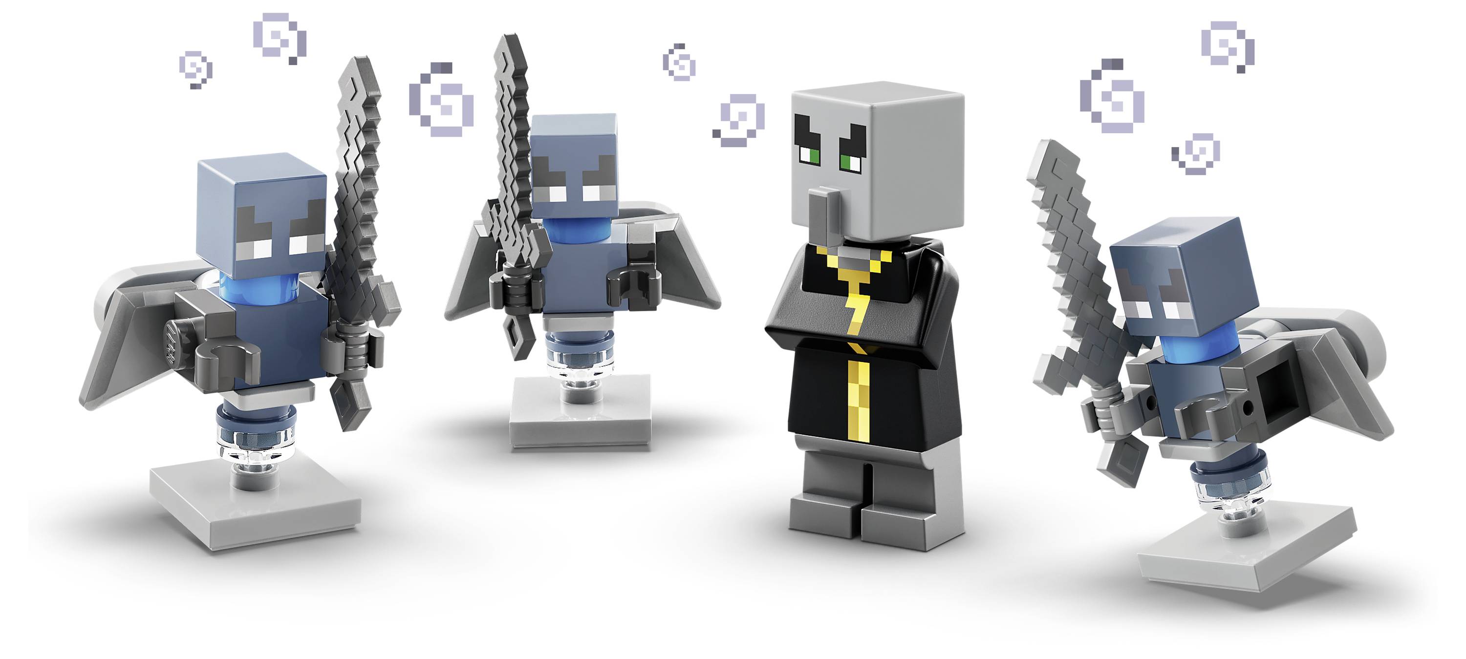 Vier Minecraft-ähnliche Figuren, darunter ein grau gekleideter Charakter und drei bewaffnete blau gepanzerte Charaktere mit Schwertern, stehen auf Ausstellungsständern.
