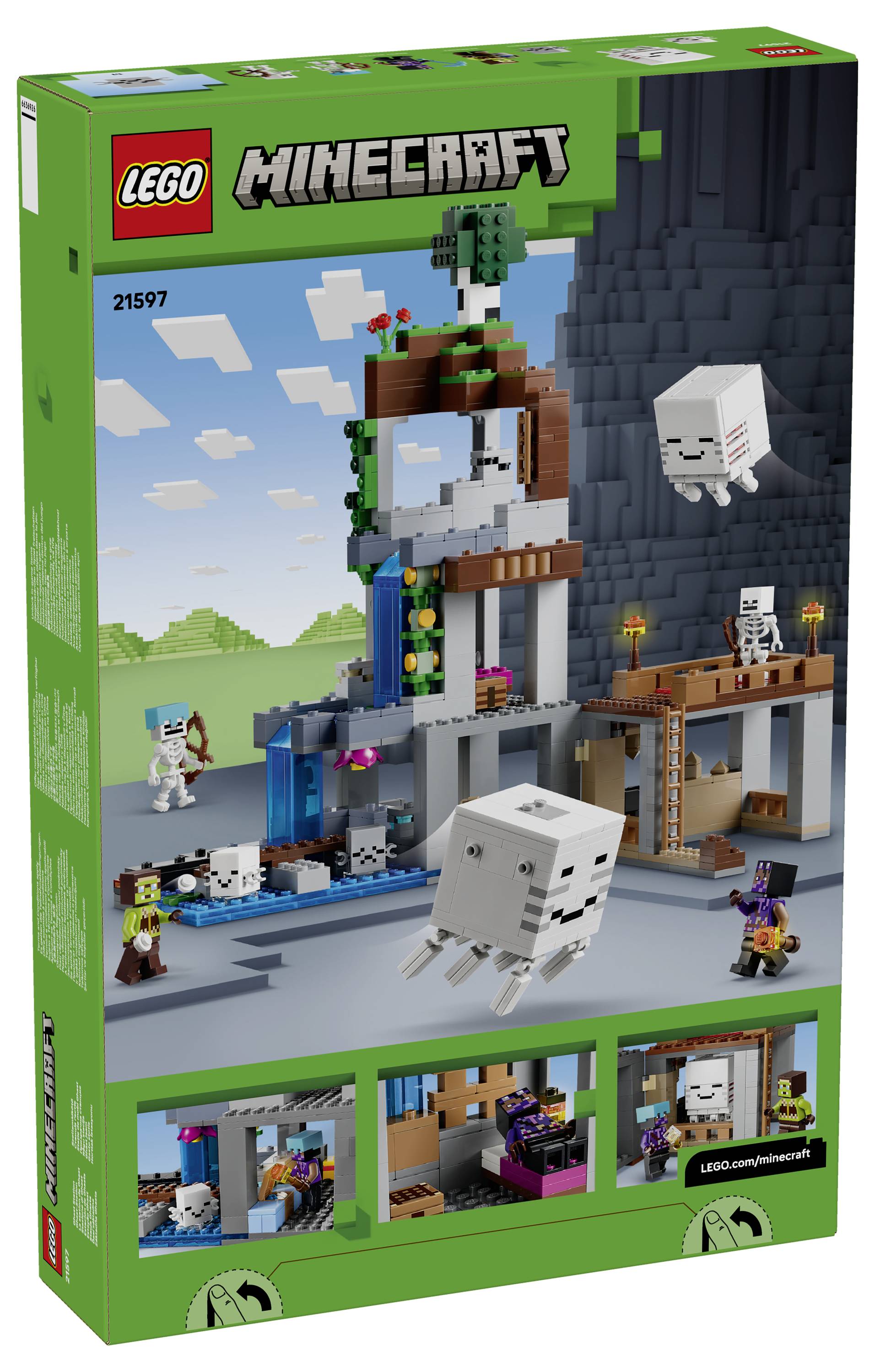 LEGO Minecraft Set 21597 Verpackungskunst zeigt einen Höhlenbau mit Skeletten, einem schwebenden Ghast, Minifiguren und verborgenen Innenszenen.