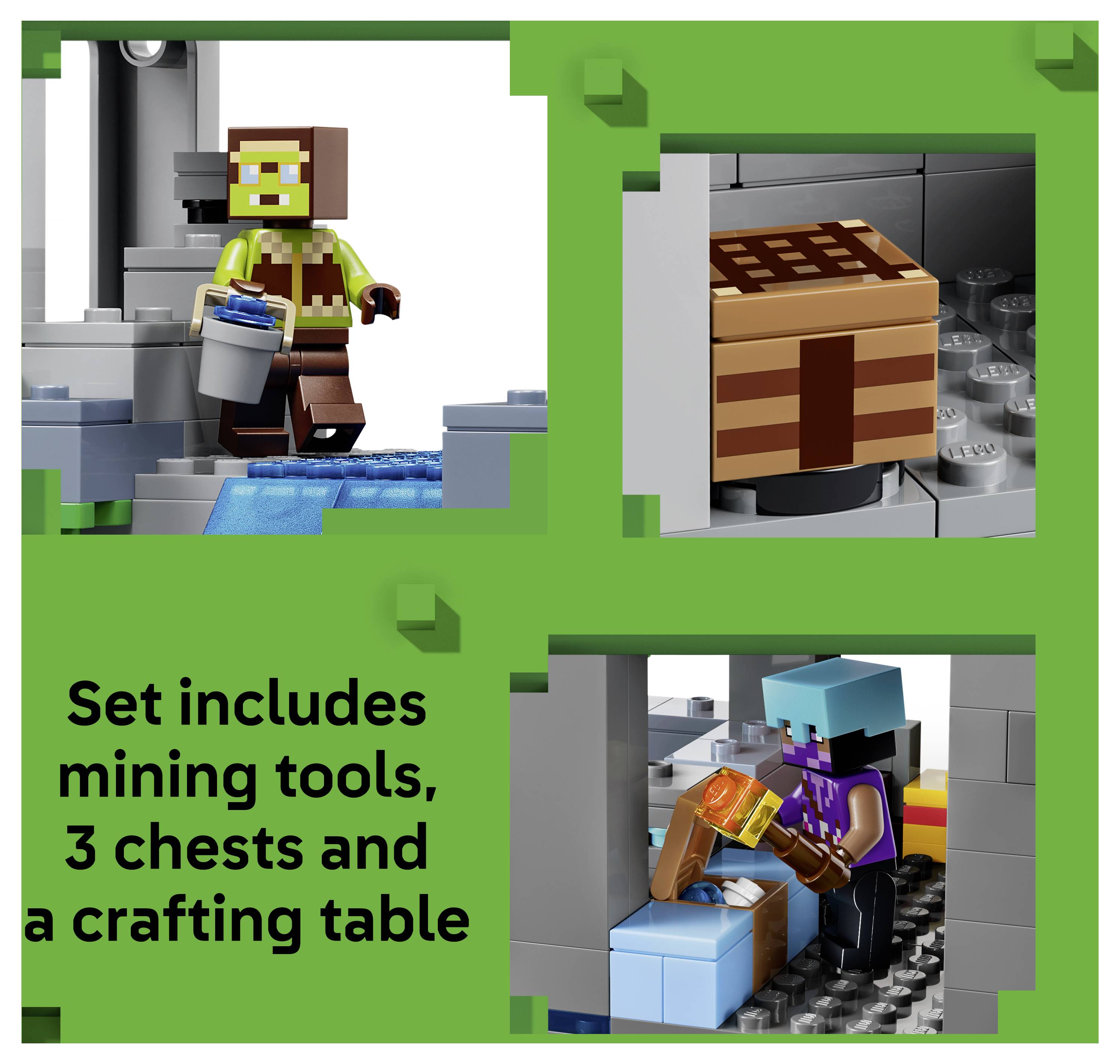 LEGO-Bergbauset mit Abbildung von zwei Minifiguren, einem Handwerkstisch und drei Kisten; Text besagt „Set enthält Bergbauwerkzeuge, 3 Kisten und einen Handwerkstisch
