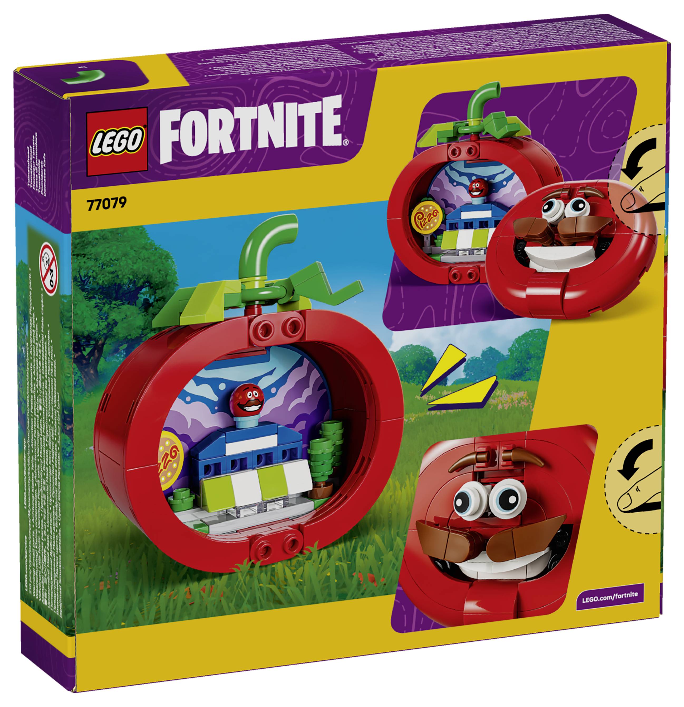 LEGO Fortnite Karton-Set, Nummer 77079, zeigt rot gefärbte Apfel- und Tomate-Themen mit baubaren Charakteren und Minifiguren-Szenen.
