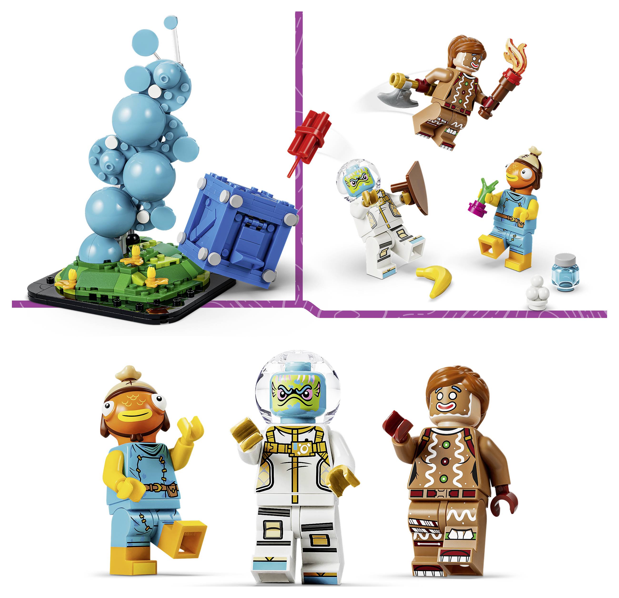 LEGO-Minifiguren und ein blauer blasenartiger Bau sind in einer Promotionscollage dargestellt, mit drei Charakteren, die unten posiert sind, und kleineren Figuren oben.