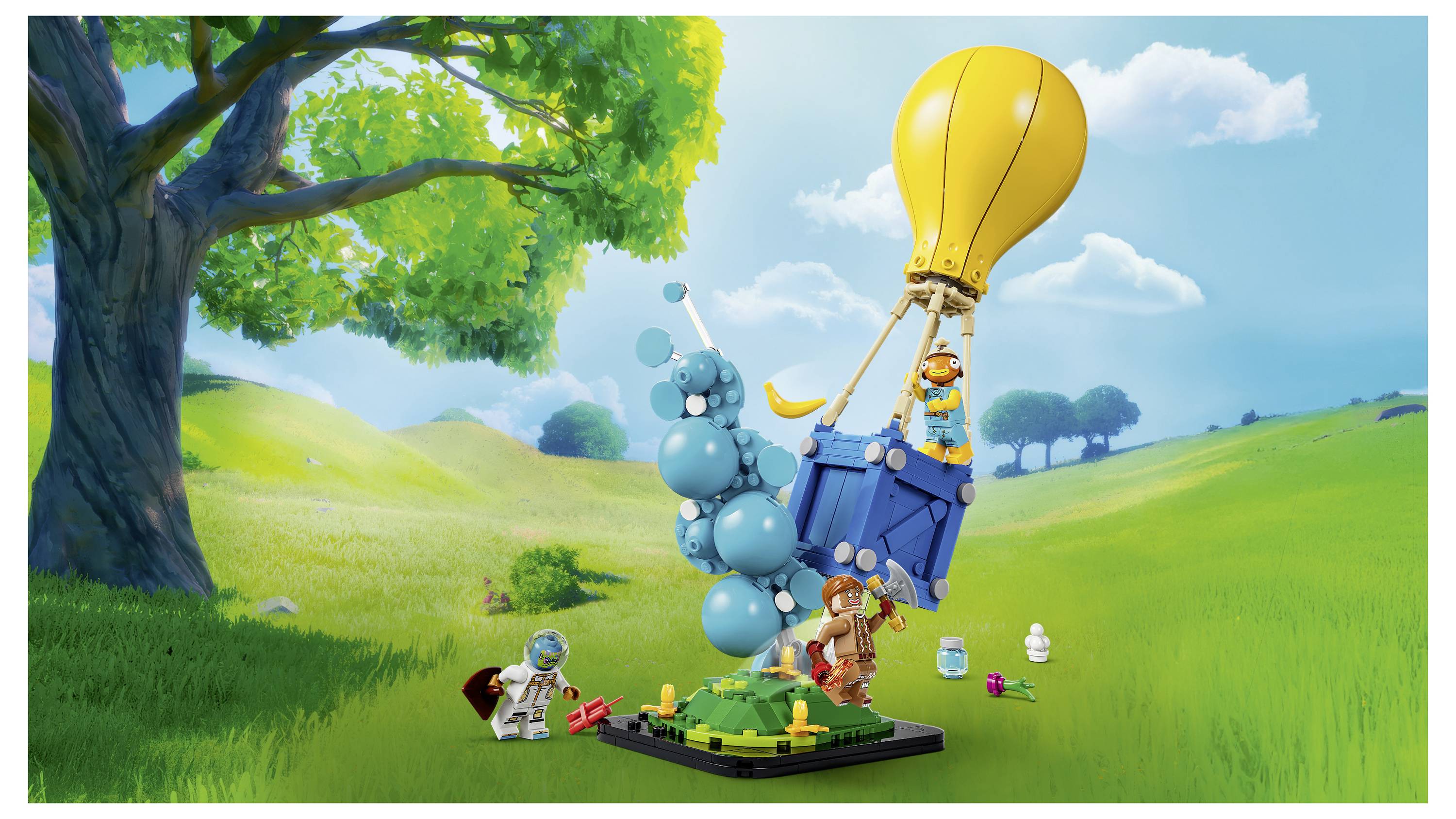 Zwei spielzeugähnliche Astronauten arbeiten um eine blaue Kiste herum, die von einem gelben Ballon in einem Grasfeld aufgehängt ist, mit einer großen blauen blasenähnlichen Figur neben ihnen.