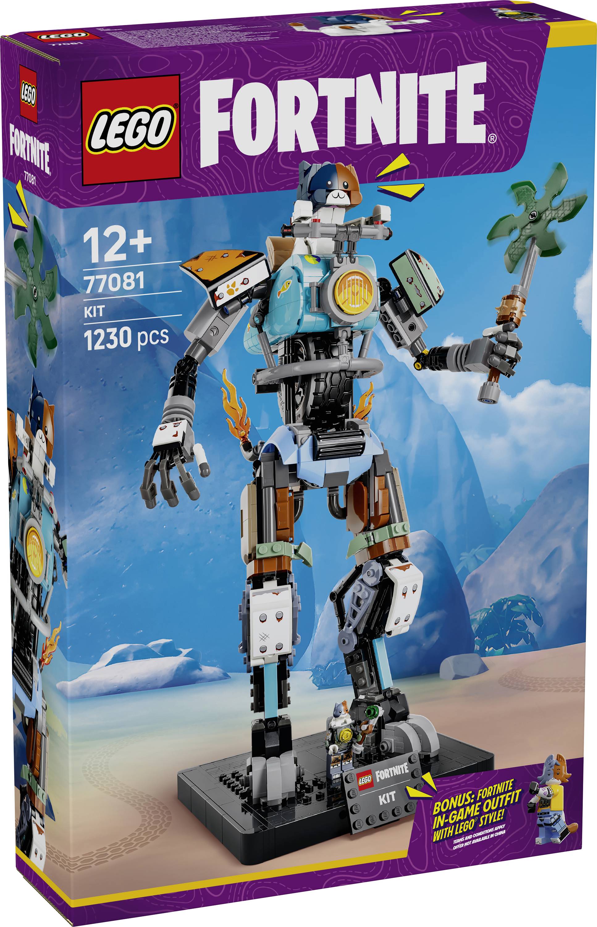 LEGO Fortnite Bausatzkarton zeigt eine 12+ Mech-Figur zum Zusammenbauen, 1230 Teile, Set 77081.