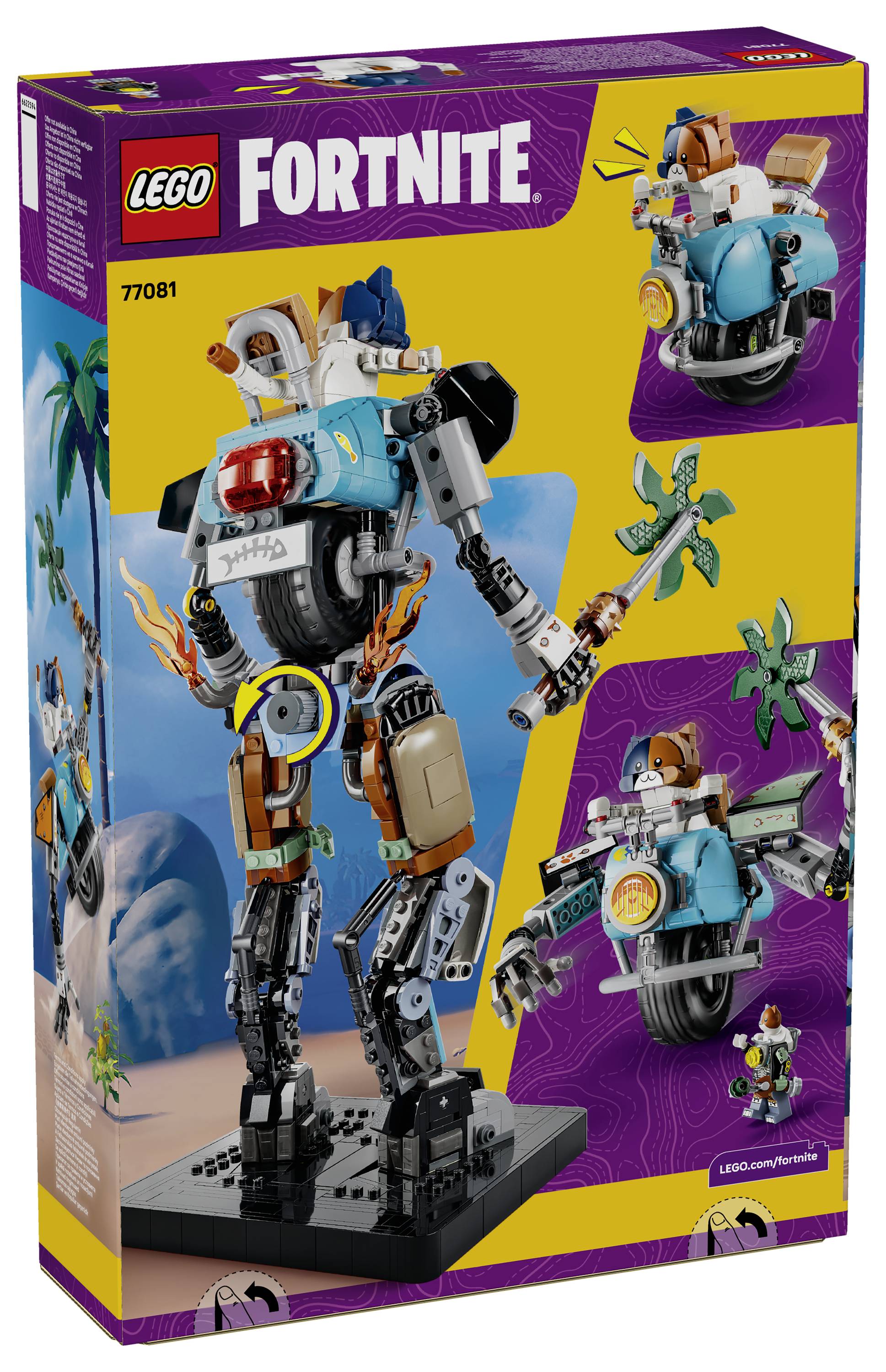 LEGO Fortnite Box-Art zeigt Set 77081: Ein robotischer Mech-Bau mit einer Minifigur und Zubehör auf einer leuchtend gelben und violetten Packung.