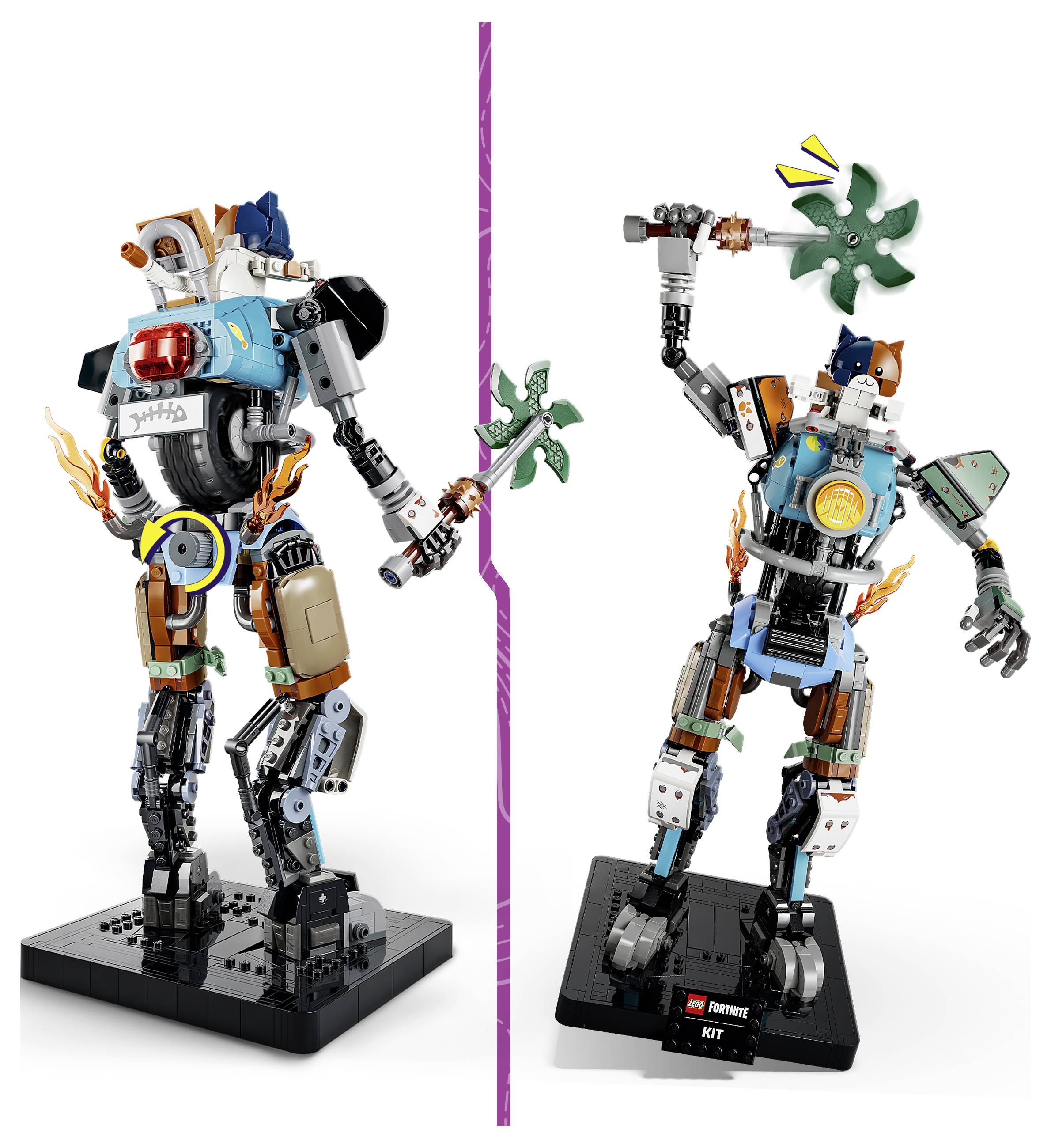 Zwei LEGO-ähnliche Roboterfiguren nebeneinander auf Ständern präsentiert, jeweils in einer Pose mit einer grünen zahnradähnlichen Waffe gegen einen weißen Hintergrund.