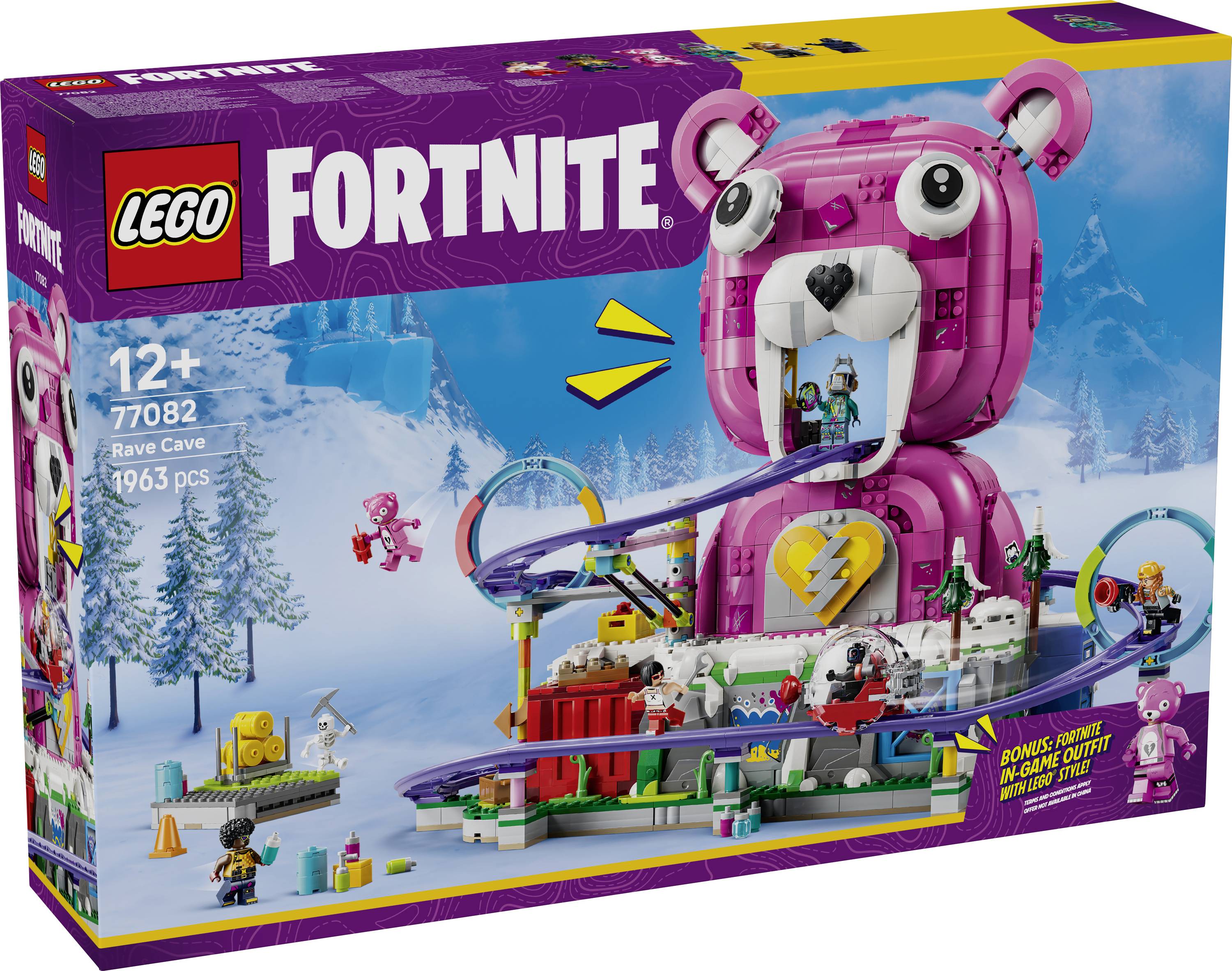 LEGO Fortnite 'Rave Cave' Set-Karton zeigt einen pinken Bärenkopf-Bau, eine Rennstrecke und Minifiguren; 1963 Teile, ab 12 Jahren