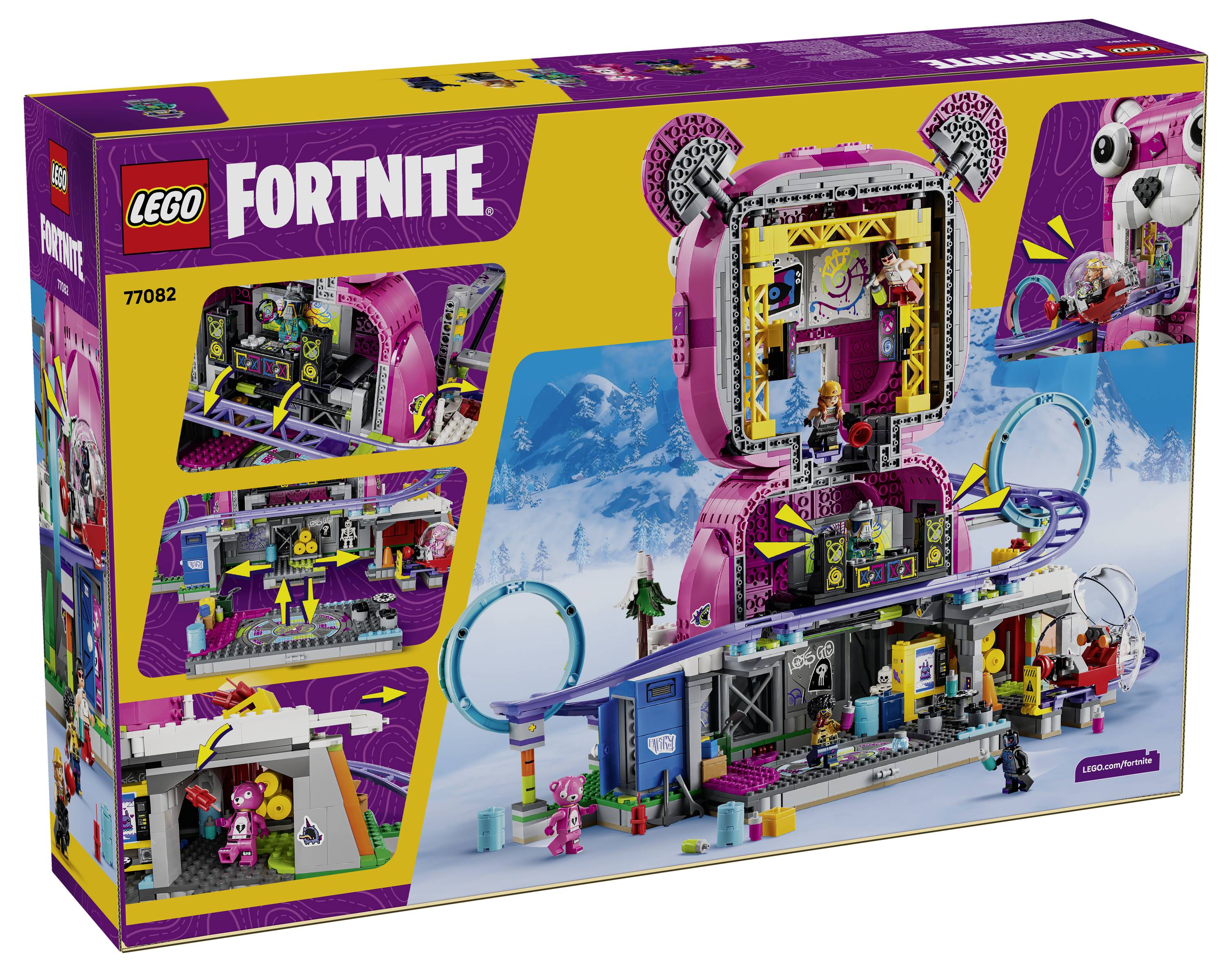 LEGO Fortnite 77082 Karton mit Artwork, das ein rosafarbenes Bärenkopf-Bau-Spielset mit Minifiguren, Rampen und einer Schleifenbahn in einer verschneiten Szene zeigt.