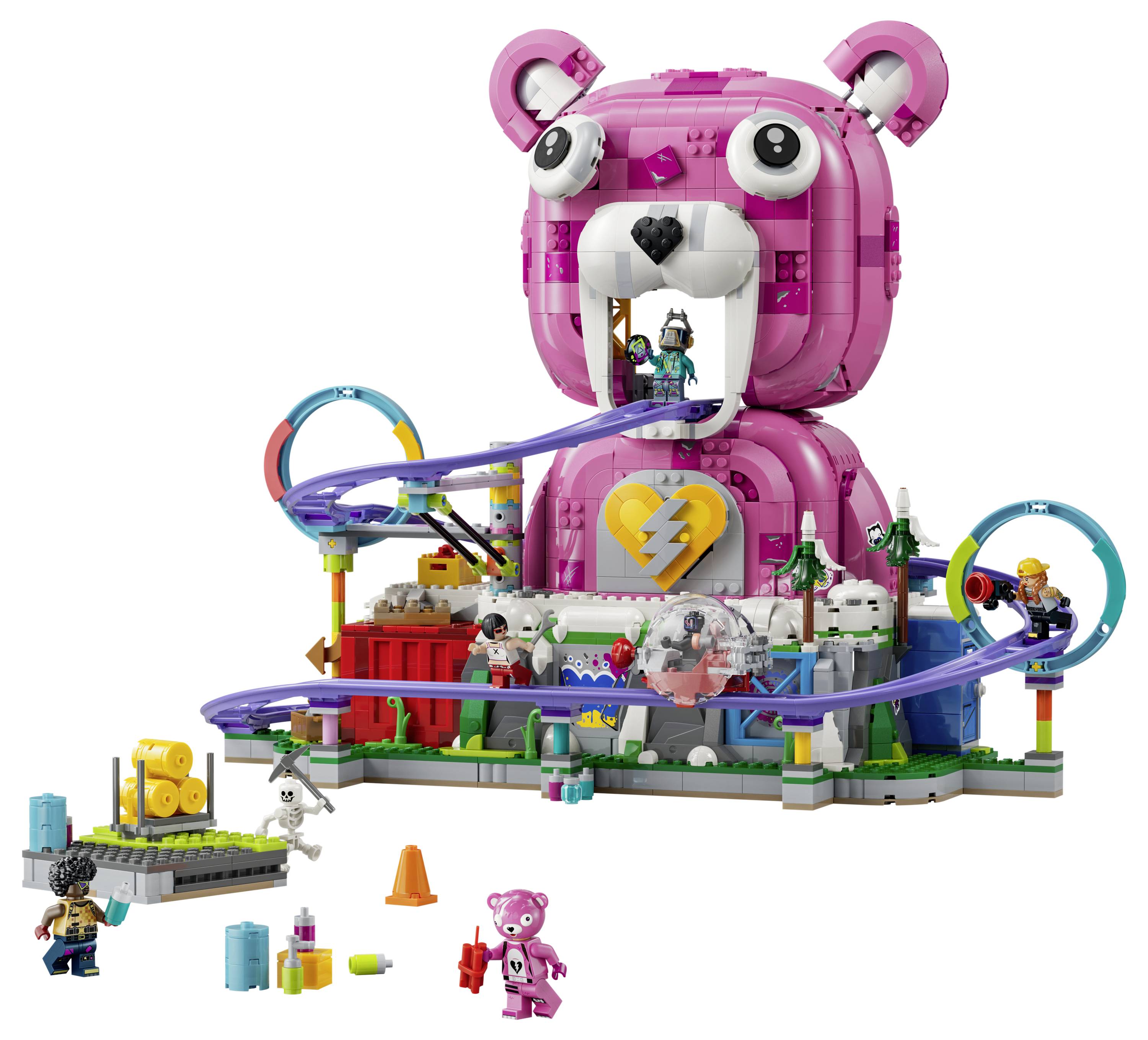 Rosa LEGO-Bärform-Vergnügungspark mit Looping-Schienen, Herzemblem, Minifiguren und einer kleinen Fahrtplattform auf weißem Hintergrund.
