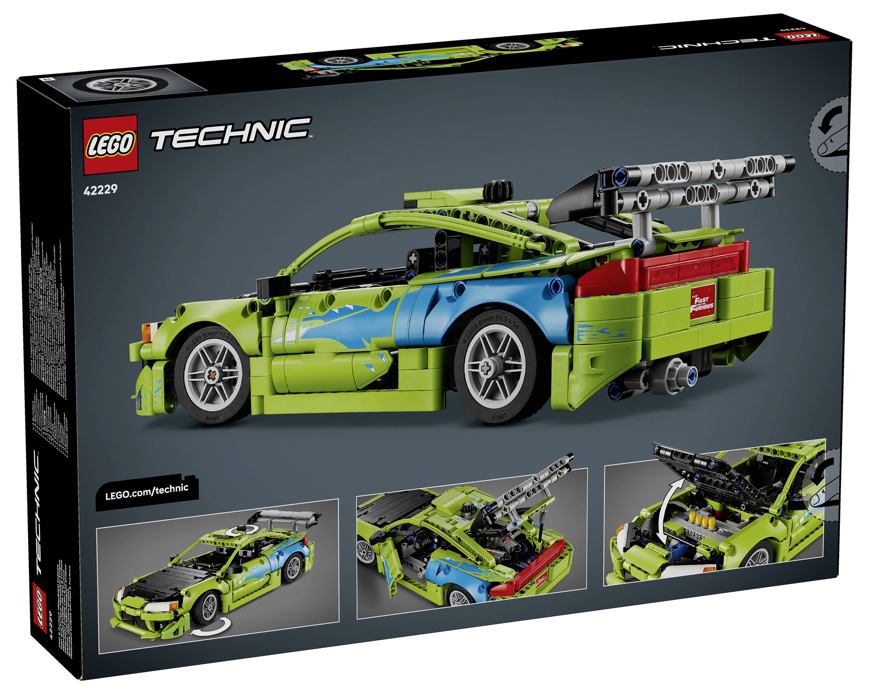 LEGO Technic 42229 Schachtelabbildung mit einem limettegrünen und blauen Rennwagen mit Heckspoiler und drei kleineren Bauzusammenfassungen.