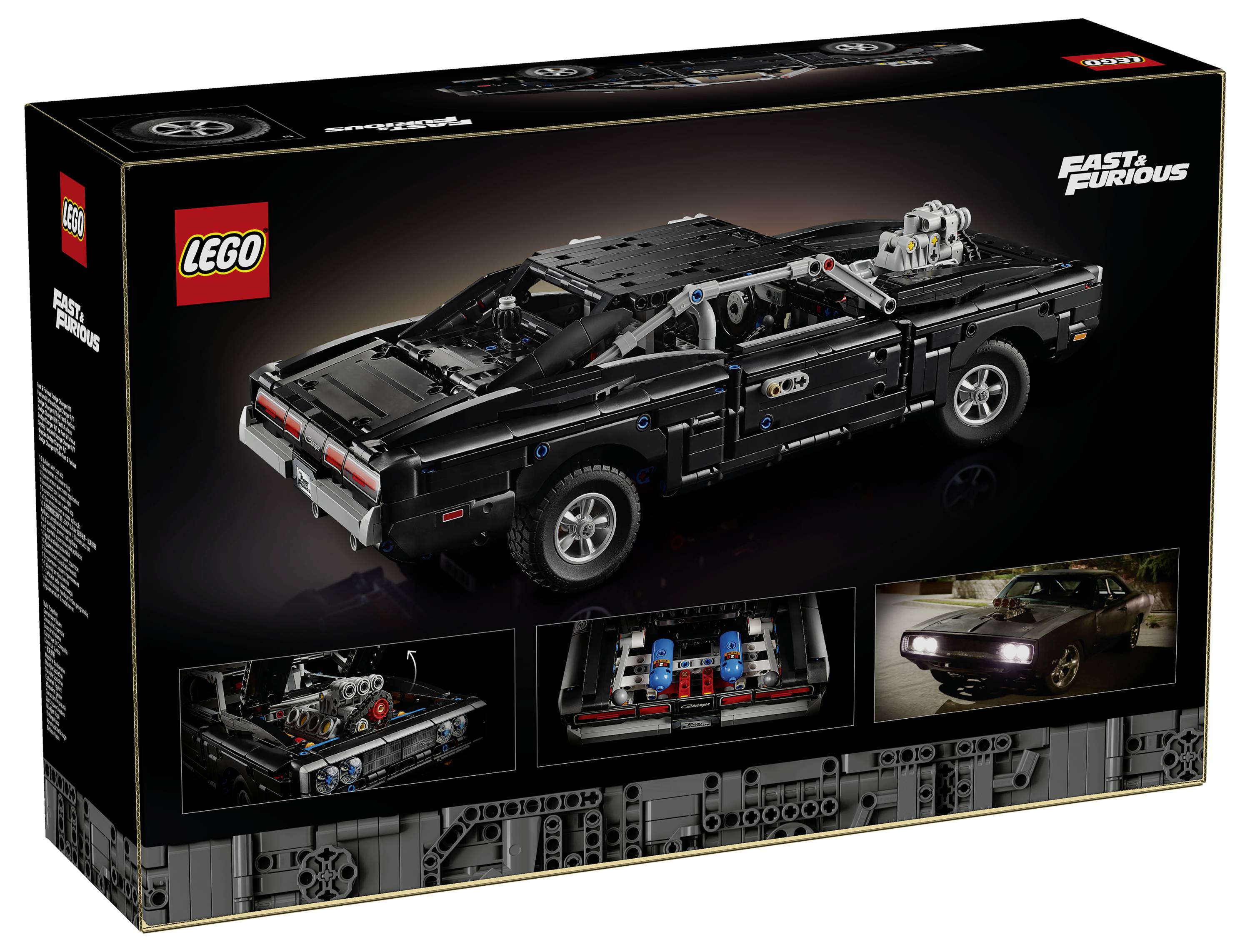 LEGO Fast & Furious Set-Box mit einem schwarzen klassischen Muscle-Car-Modell, mit kleineren Bildern des Motors, des Interieurs und einer Fahrtszene.