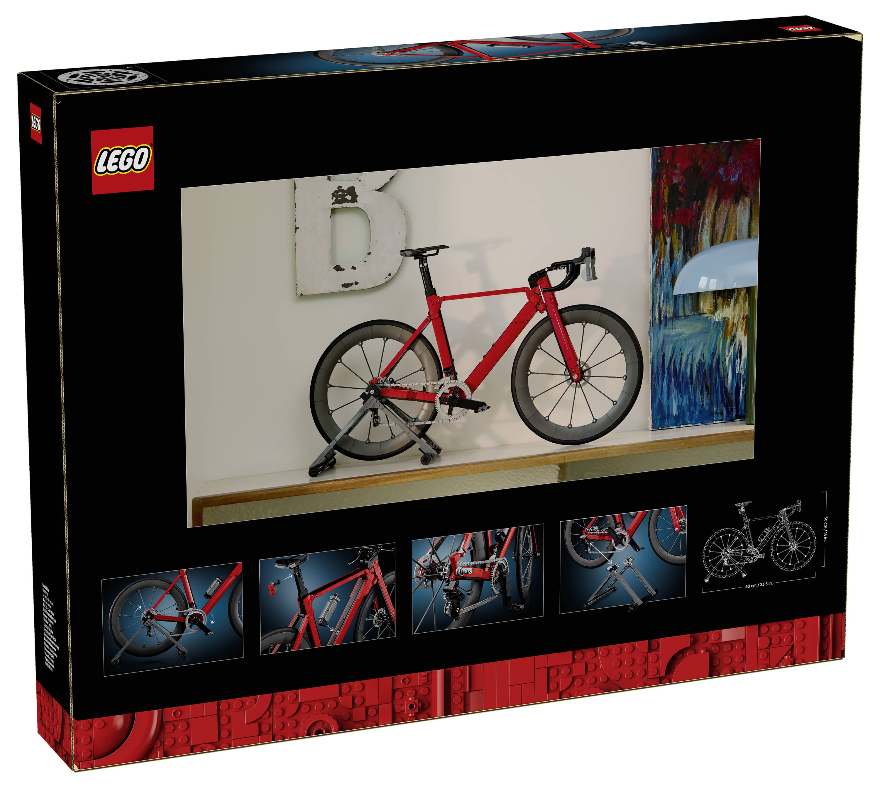 LEGO-Box mit einem roten Straßenfahrrad-Modell auf der Anzeige, mit kleinen Einsatzbildern von Baudetails und einem schwarz-roten Produktdesign.