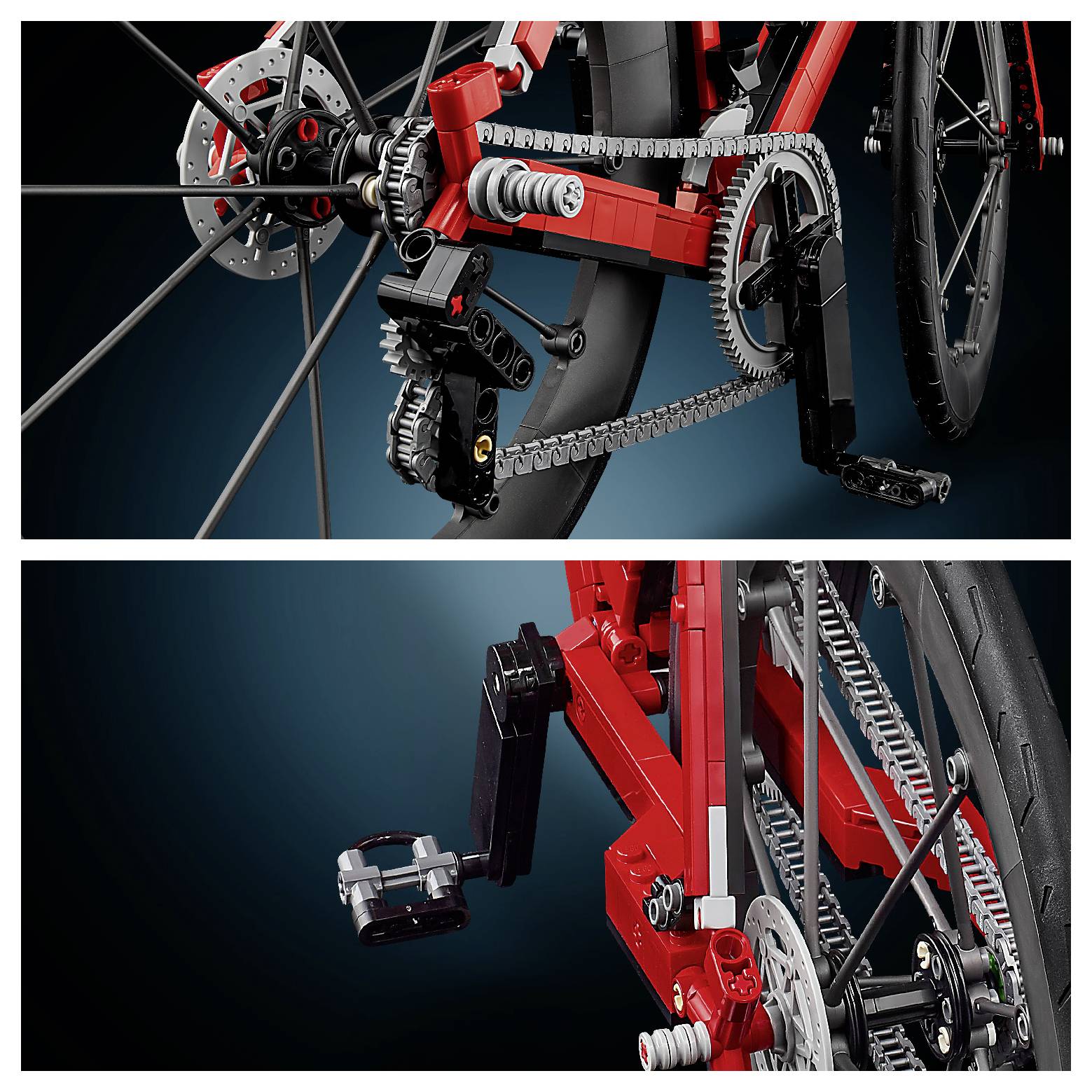 Nahaufnahme des Antriebsstrangs und der Pedalanlage eines roten Fahrrads, die Kette, Zahnräder, Hinterrad und Kurbelwerk gegen einen dunklen Hintergrund zeigt.
