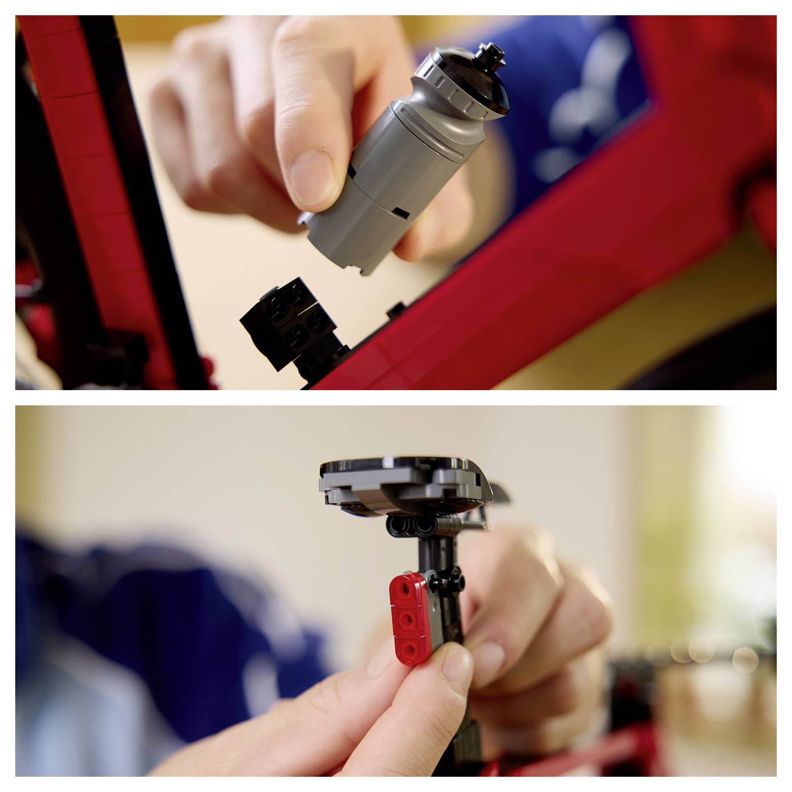 Nahaufnahme von Händen, die ein kleines LEGO-ähnliches Modell zusammenbauen, dabei ein graues Teil einsetzen und dann eine schwarz-rote Komponente anbringen.