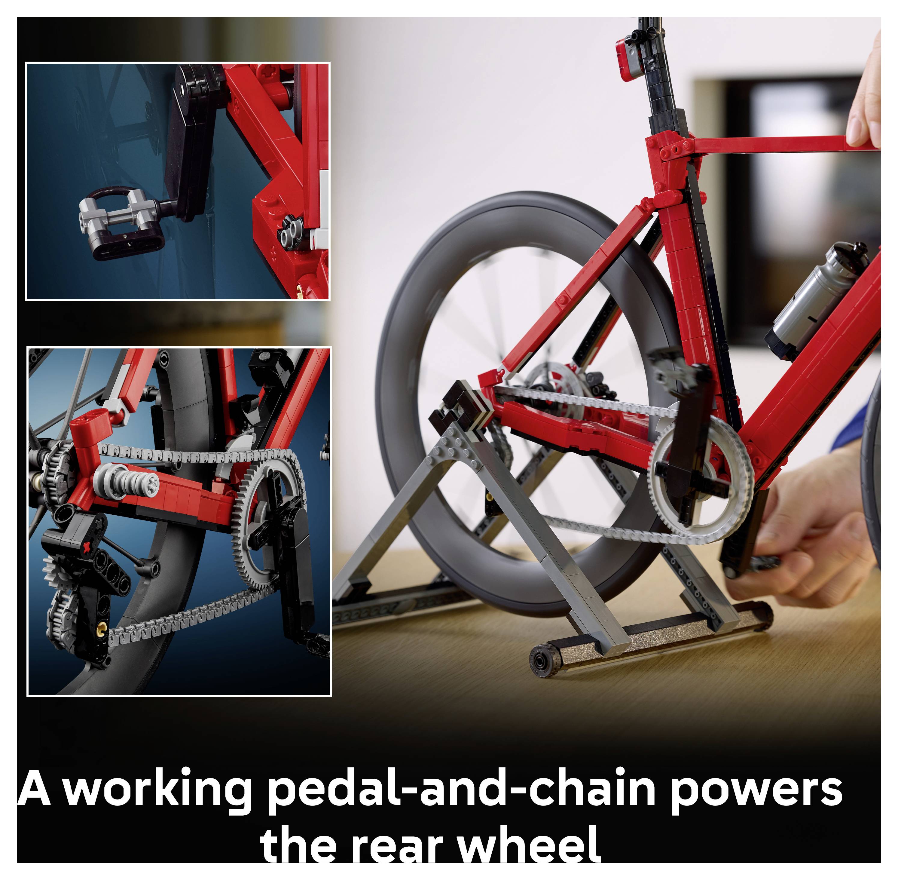 Ein LEGO-ähnliches Modellfahrrad mit Pedal- und Kettenantrieb, der das Hinterrad antreibt, in Nahaufnahme mit eingefügten Detailansichten des Mechanismus dargestellt.