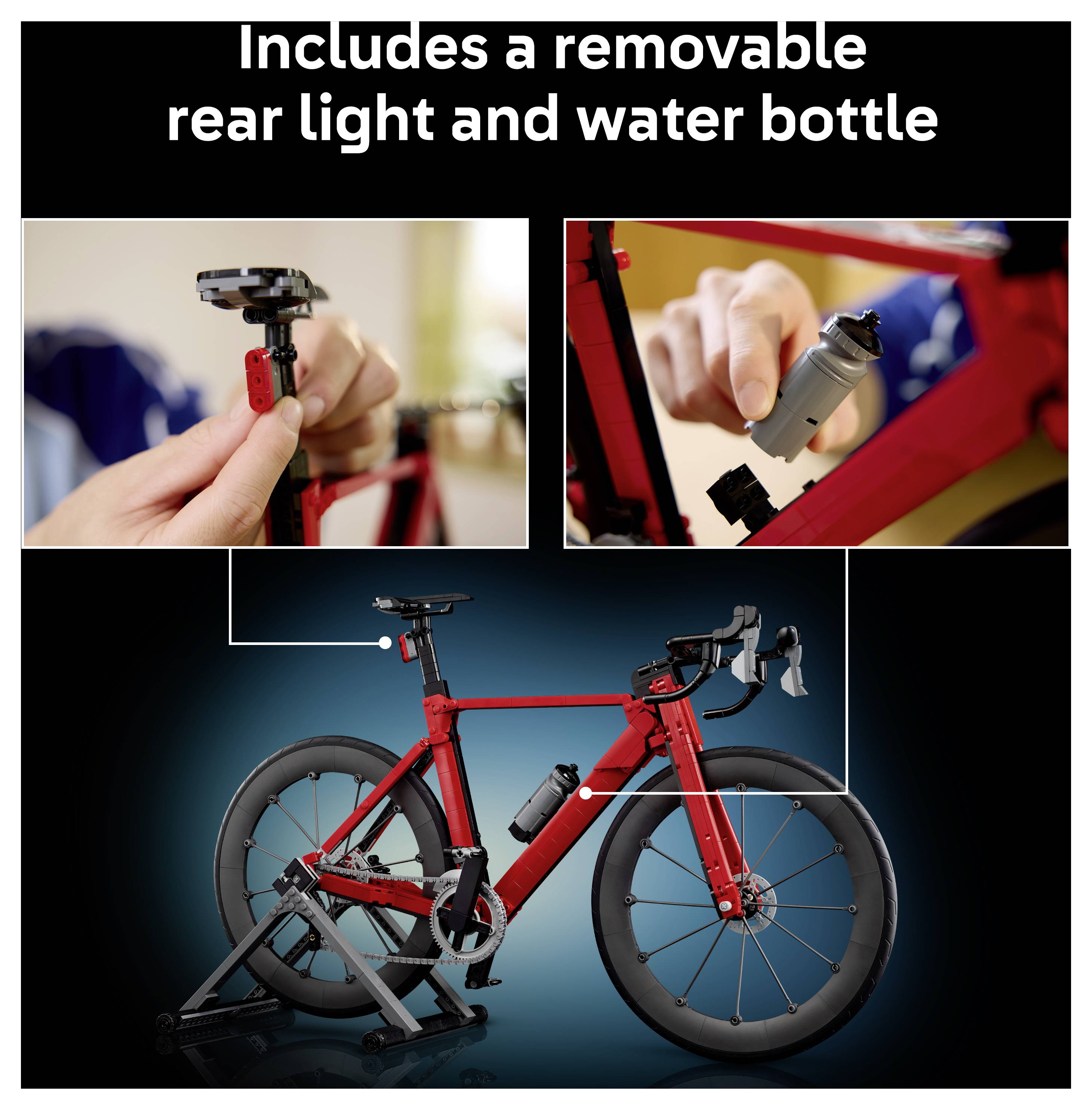Rotes Rennrad auf einem Trainingsgerät mit eingefügten Nahaufnahmen, die ein abnehmbares Rücklicht und eine Trinkflaschenhalterung zeigen; die Überschrift lautet „Enthält ein abnehmbares Rücklicht und eine Trinkflaschenhalterung
