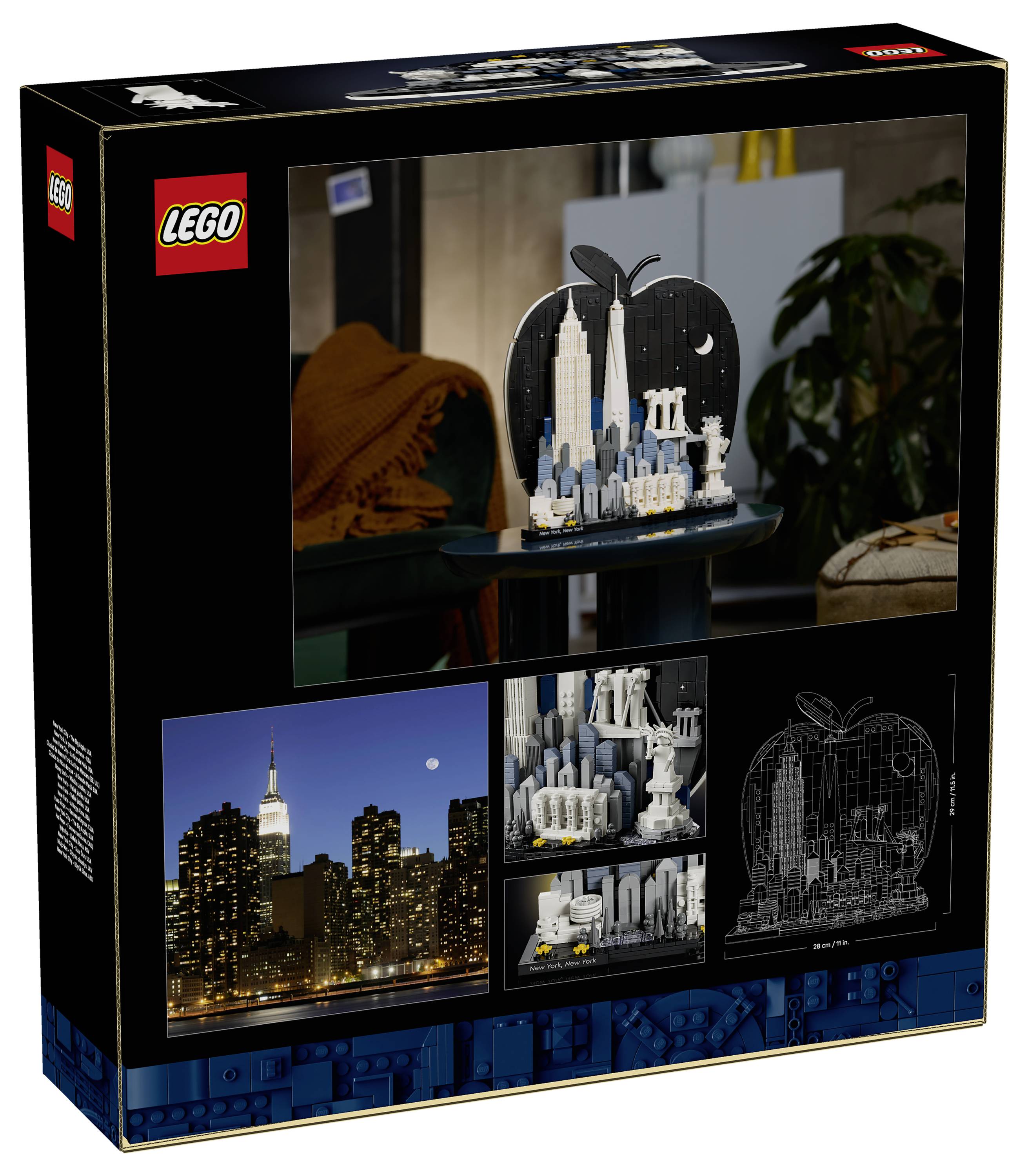 LEGO Architektur-Set-Schachtel mit einem Modell der New York City Skyline mit dem Empire State Building, plus eingefügte Bilder des fertigen Modells und Designansichten.