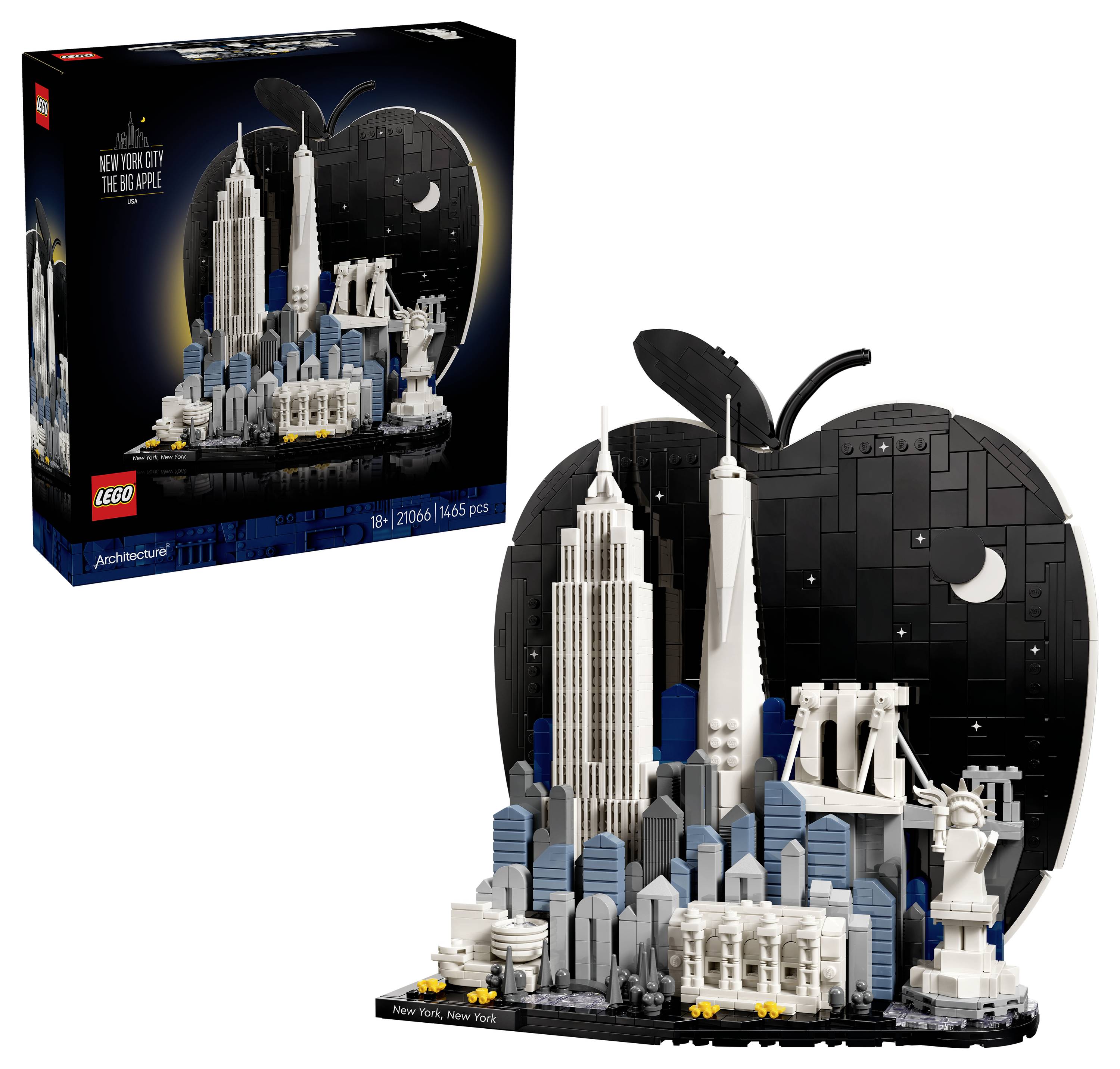 LEGO Architecture New York City Skyline-Set mit dem Empire State Building, dem Chrysler Building, der Freiheitsstatue und anderen Wahrzeichen auf einer schwarzen apfelförmigen Basis mit Schachtelbild daneben.