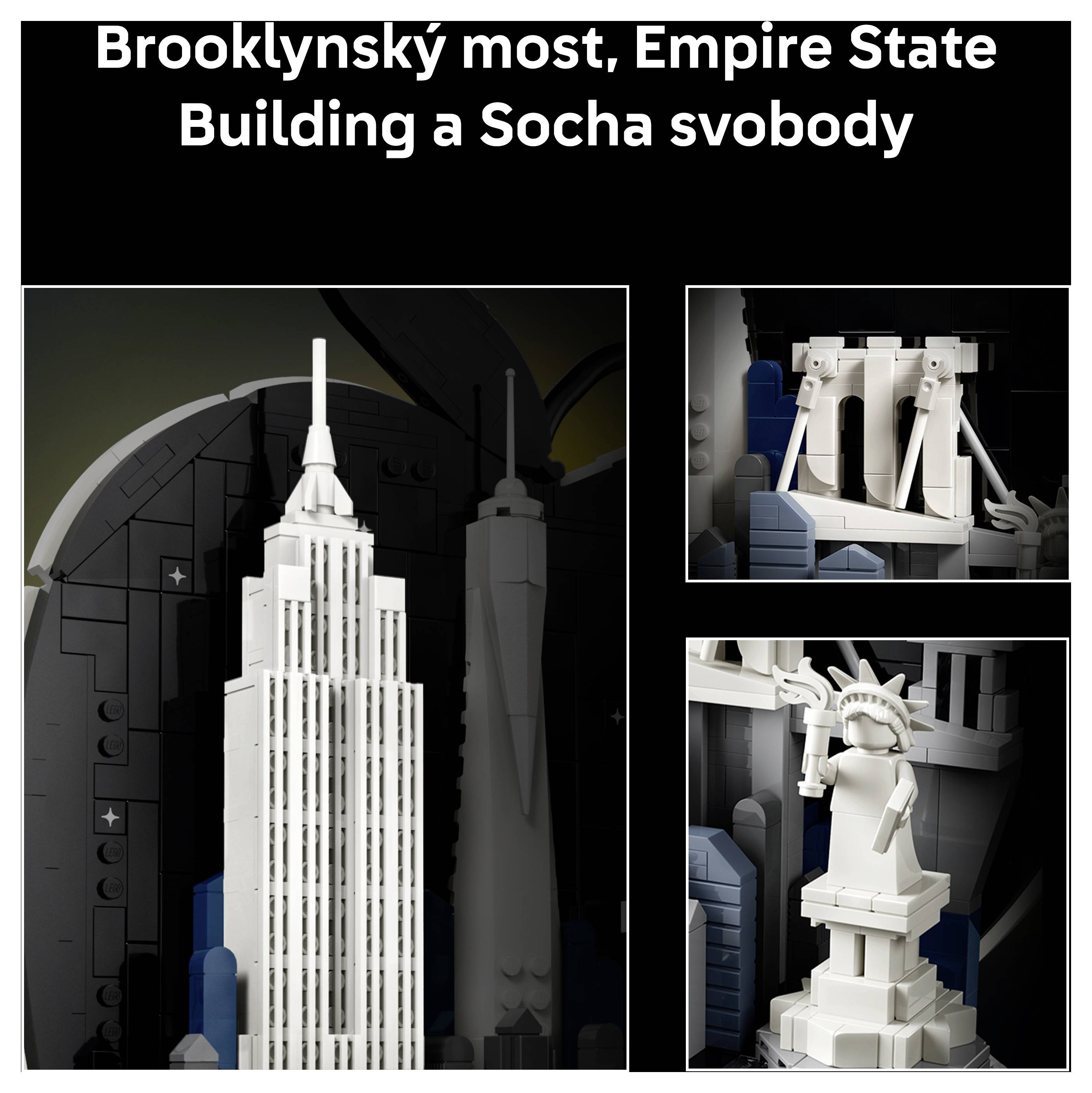 Collage von LEGO-Stilmodellen der Brooklyn Bridge, des Empire State Building und der Freiheitsstatue mit dem Titel „Brooklyner Brücke, Empire State Building und Freiheitsstatue
