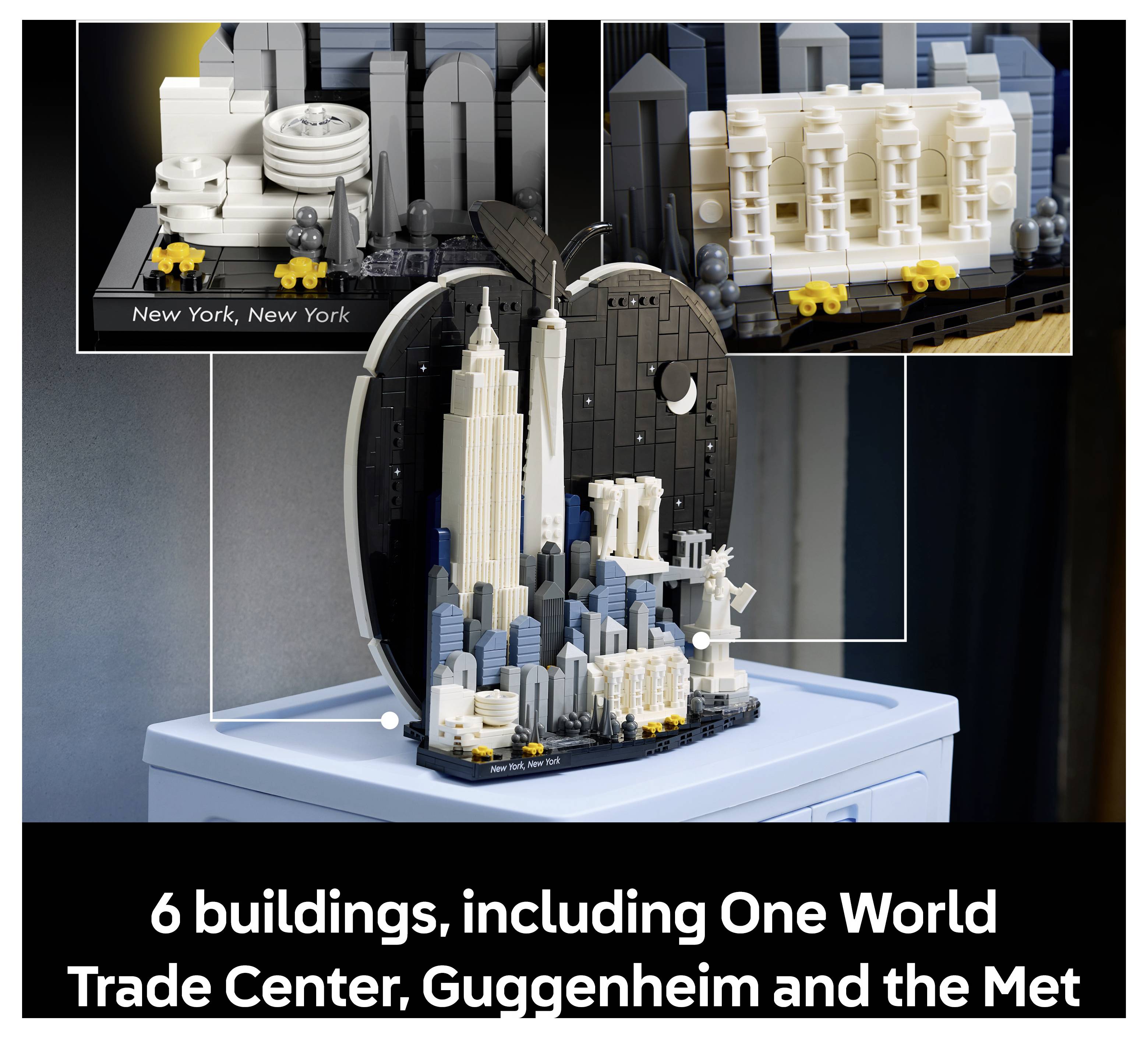 LEGO-Stil Skyline von New York mit sechs Gebäuden, darunter One World Trade Center, Guggenheim und das Met, mit eingefügten Nahaufnahmen von Details.