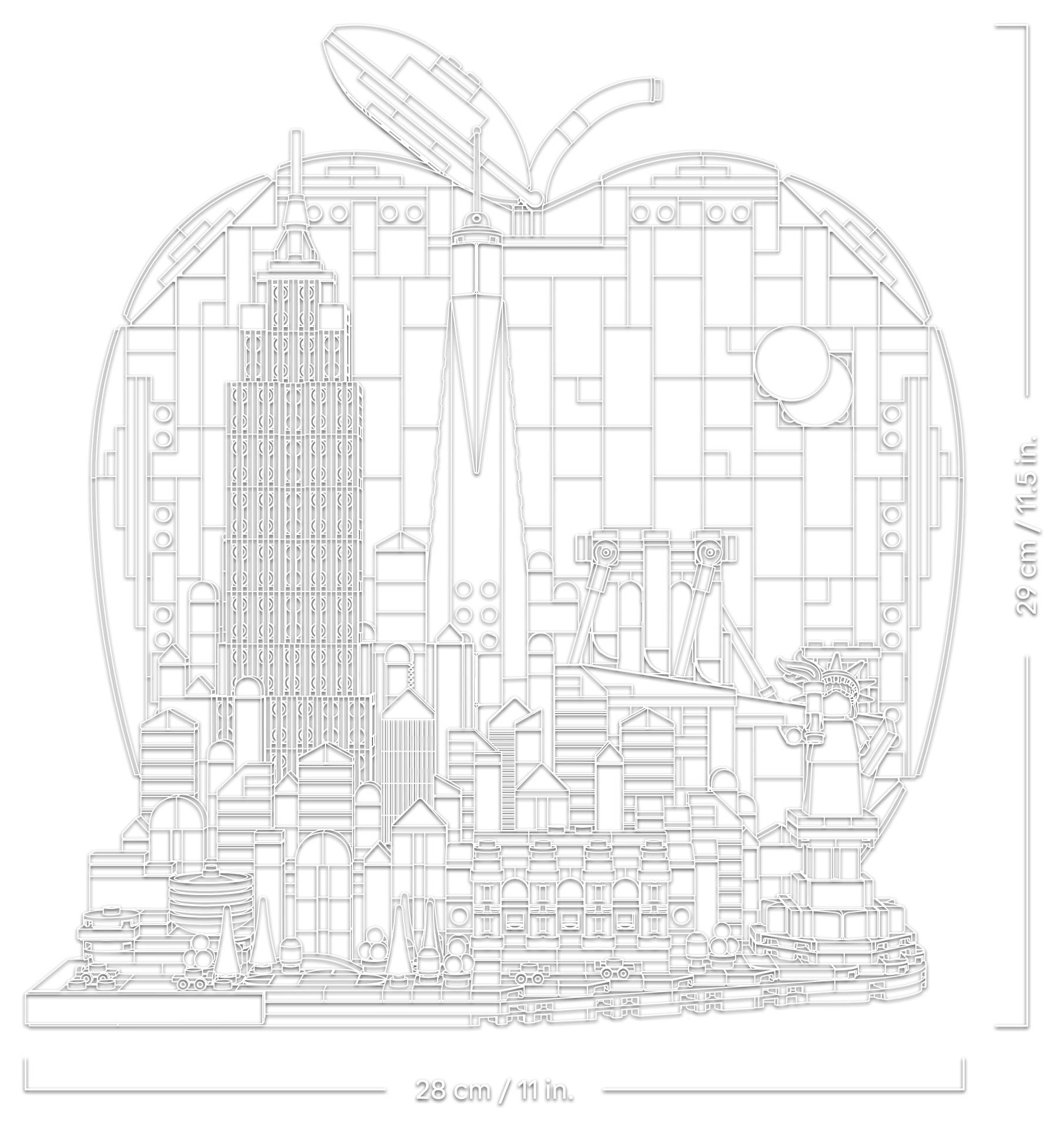 Strichzeichnung einer Stadtskyline in einer apfelförmigen Kontur, mit einer Höhenskala von 29 cm (11,5 Zoll) und einer Breite von 28 cm (11 Zoll).