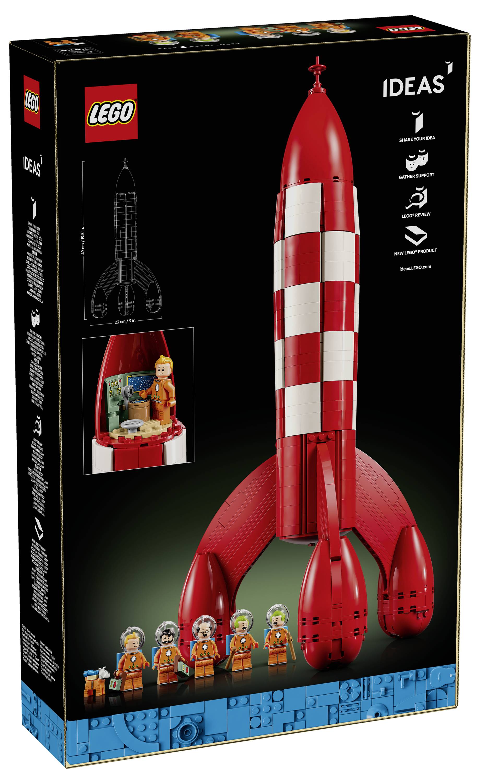 LEGO Ideas Raketenmodell-Schachtelbild mit einer rot-weißen Rakete mit vier Beinen und Minifiguren am unteren Rand.