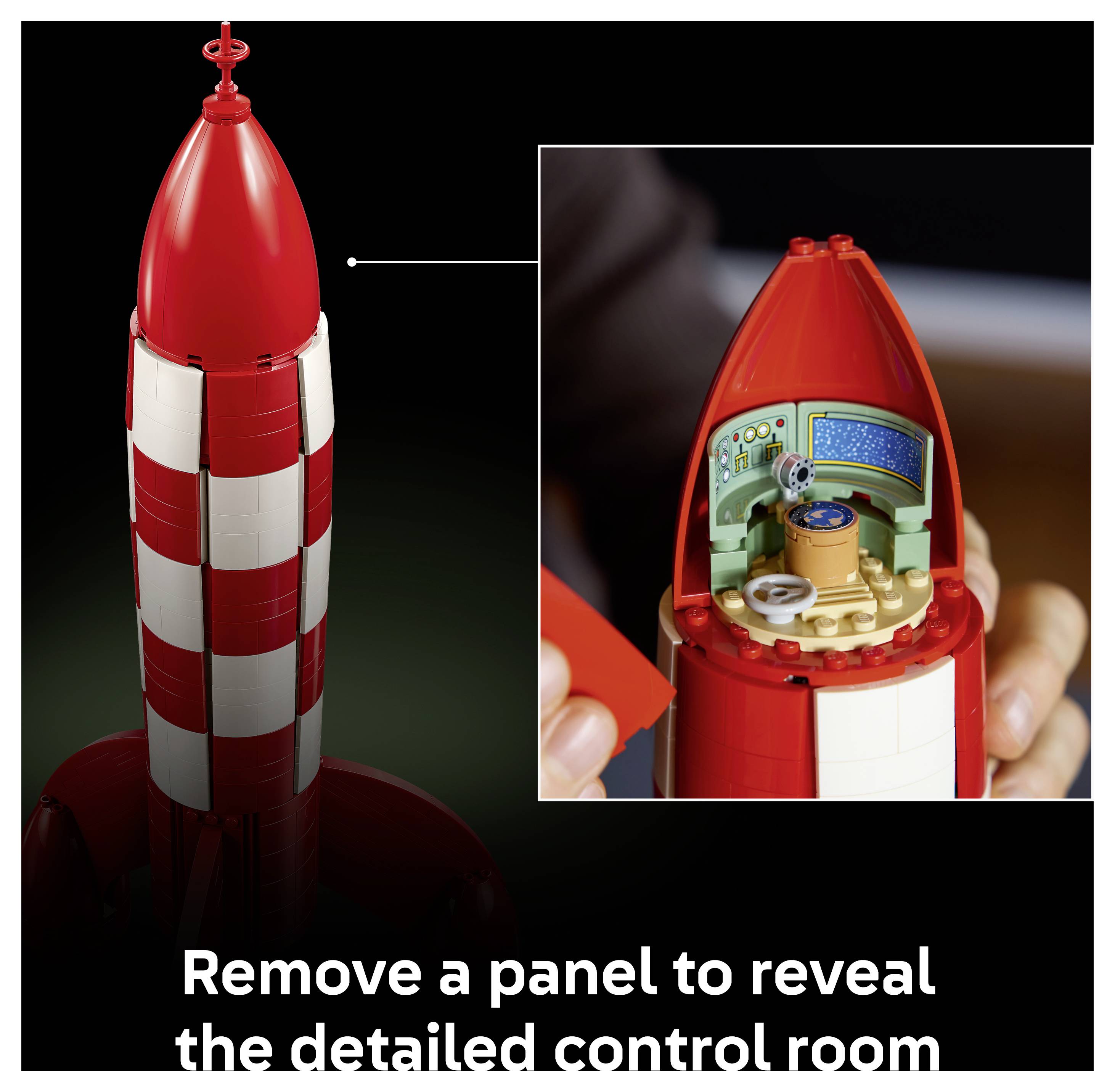 Rotes Raketenmodell mit einem abnehmbaren Seitenpanel, das einen detaillierten Kontrollraum im Inneren zeigt; Bildunterschrift lautet „Entfernen Sie ein Panel, um den detaillierten Kontrollraum zu enthüllen