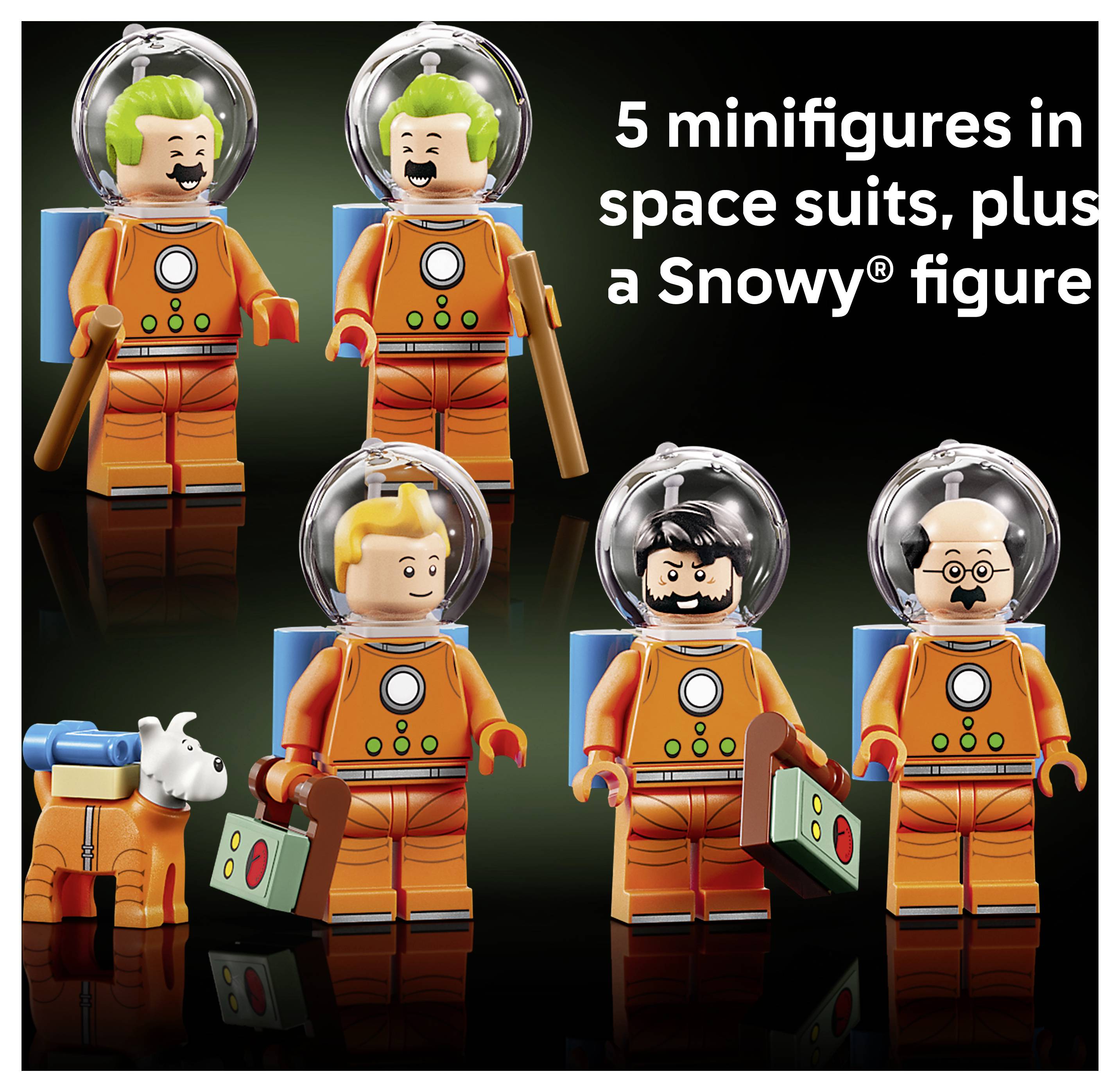 Fünf LEGO-ähnliche Minifiguren in orangefarbenen Raumanzügen mit Helmen und eine schneeweiße Figur, dargestellt mit dem Text „5 Minifiguren in Raumanzügen, plus eine schneeweiße Figur