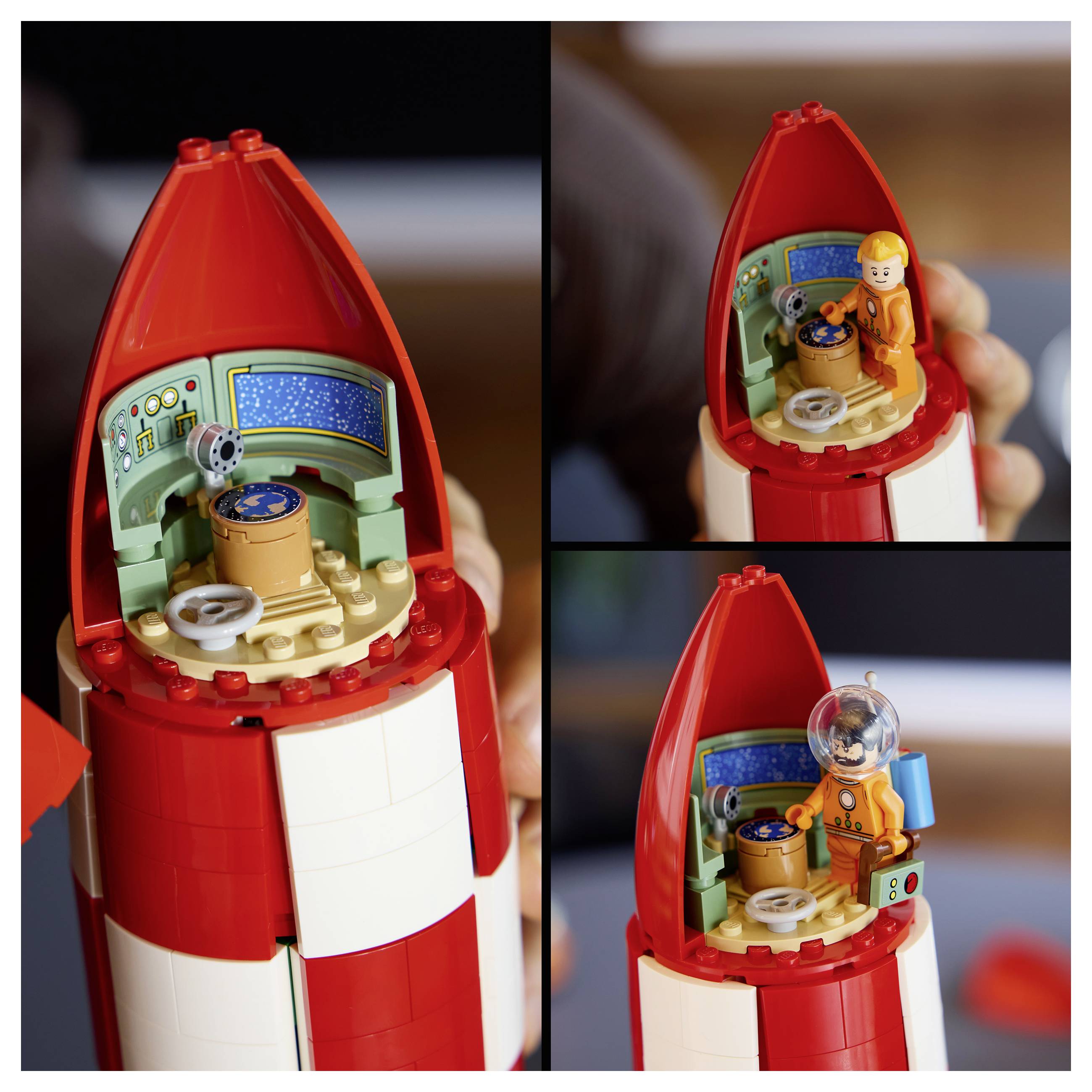 Collage mit einer roten Spielzeugrakete mit offener Spitze, die ein kleines Cockpit zeigt; zwei Paneele zeigen eine LEGO-Astronautenfigur im Inneren, eine mit aufgesetztem Helm.