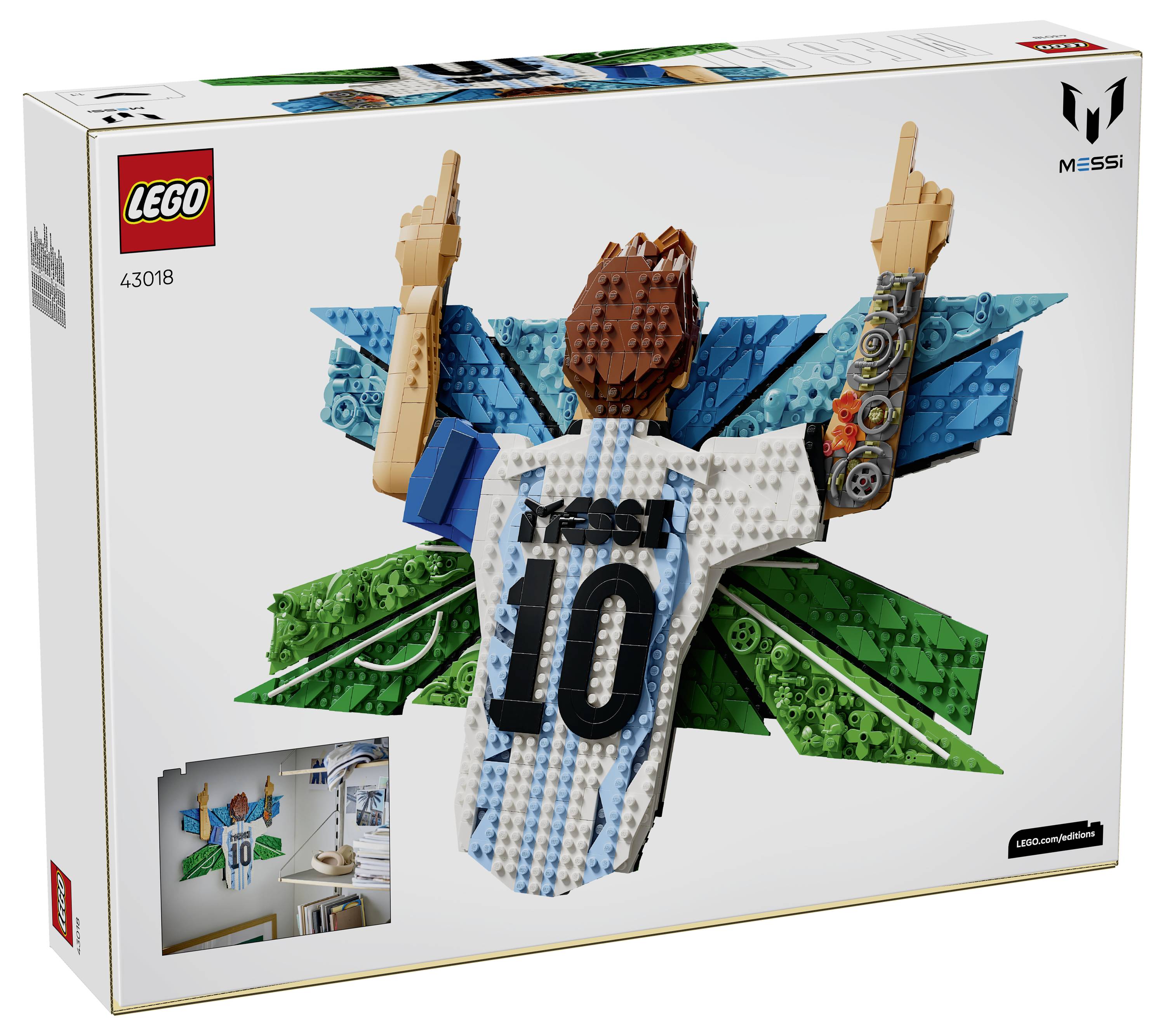 LEGO Messi Set Schachtel zeigt einen aus Bausteinen errichteten Fußballspieler im Argentinien-Trikot Nummer 10 mit erhobenen Armen und Flügeln, mit den Markenzeichen „LEGO