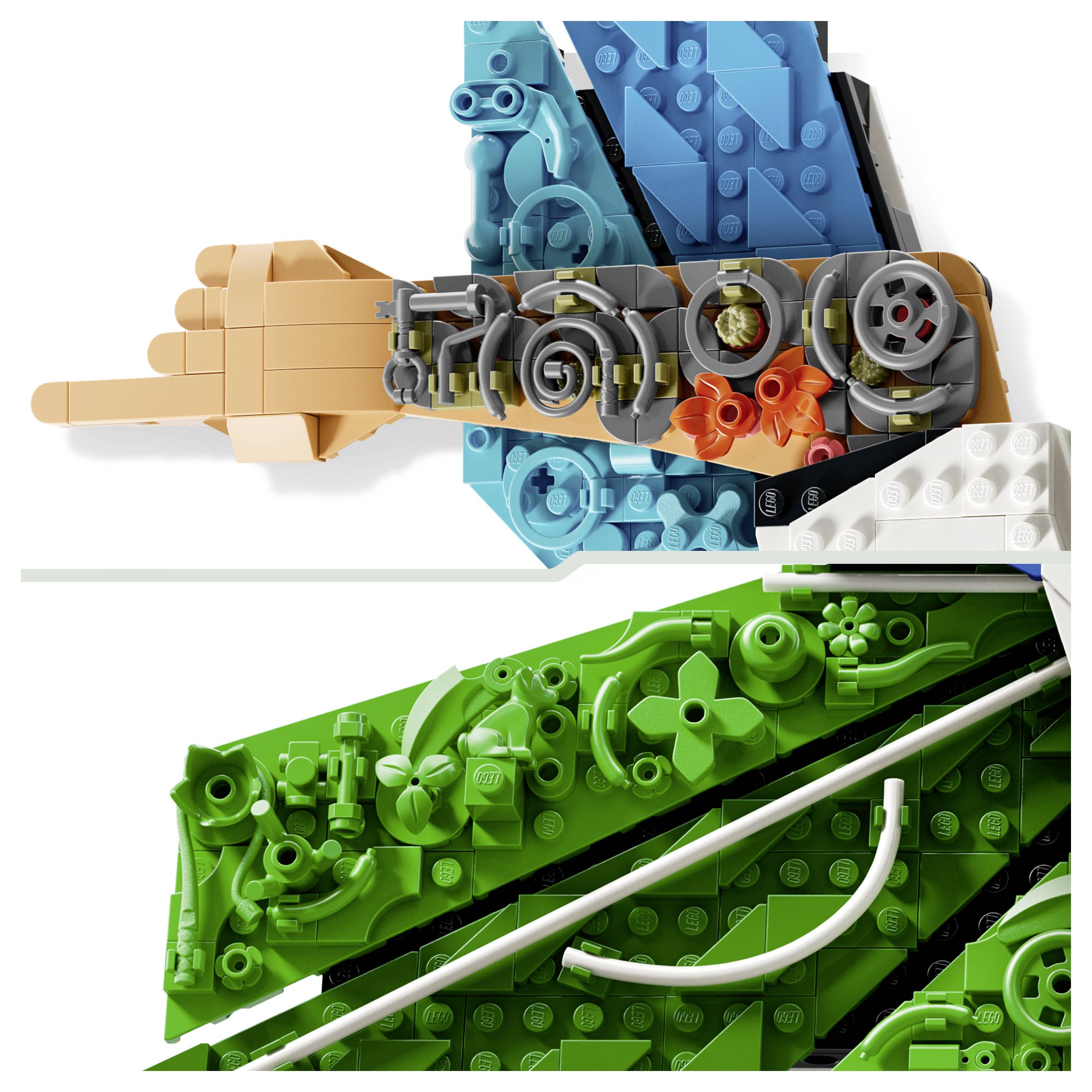 Zwei LEGO-ähnliche Mosaikplatten: Oben zeigt sich eine beige handähnliche Form mit blauen und grauen mechanischen Teilen; Unten zeigt sich ein grünes abstraktes Bauwerk mit weißen diagonalen Schienen.