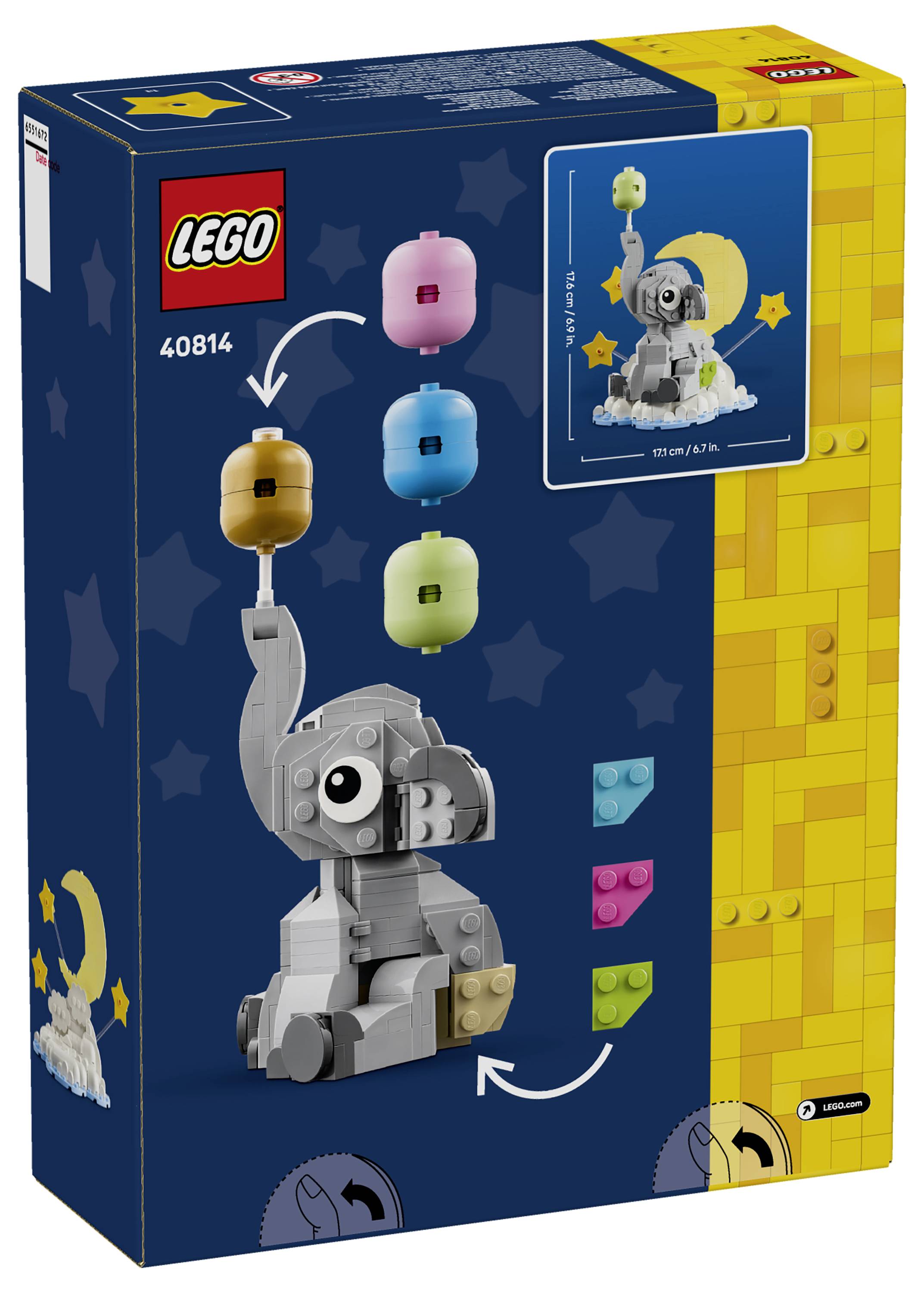 LEGO Disney Set 40814 Schachtel mit einer grauen Baby-Dumbo-Figur mit Teilen in Pastellfarben zum Farbwechsel und einer kleinen Vorschau einer Mond-und-Sterne-Szene.