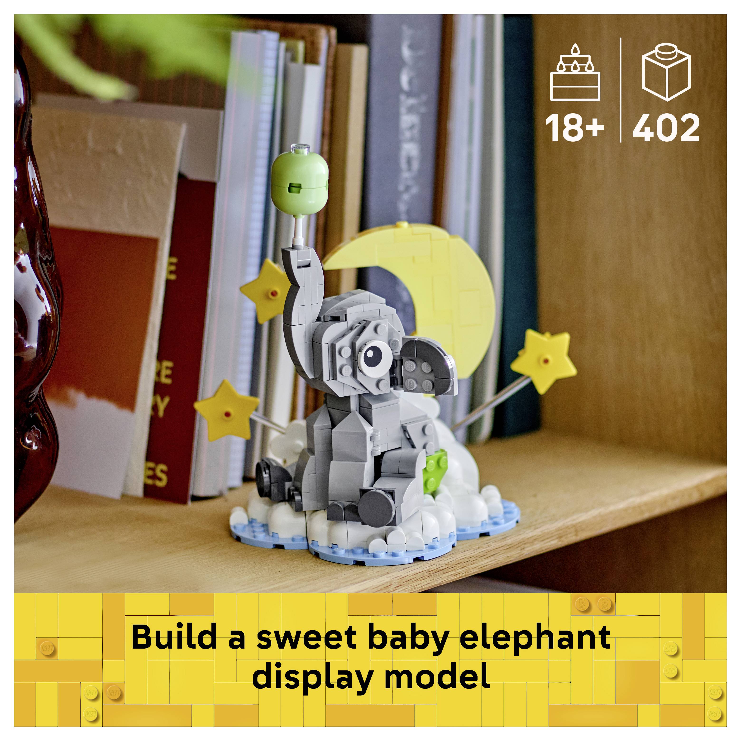 LEGO Baby-Elefanten-Ausstellungsmodell auf einem Regal, mit „18+