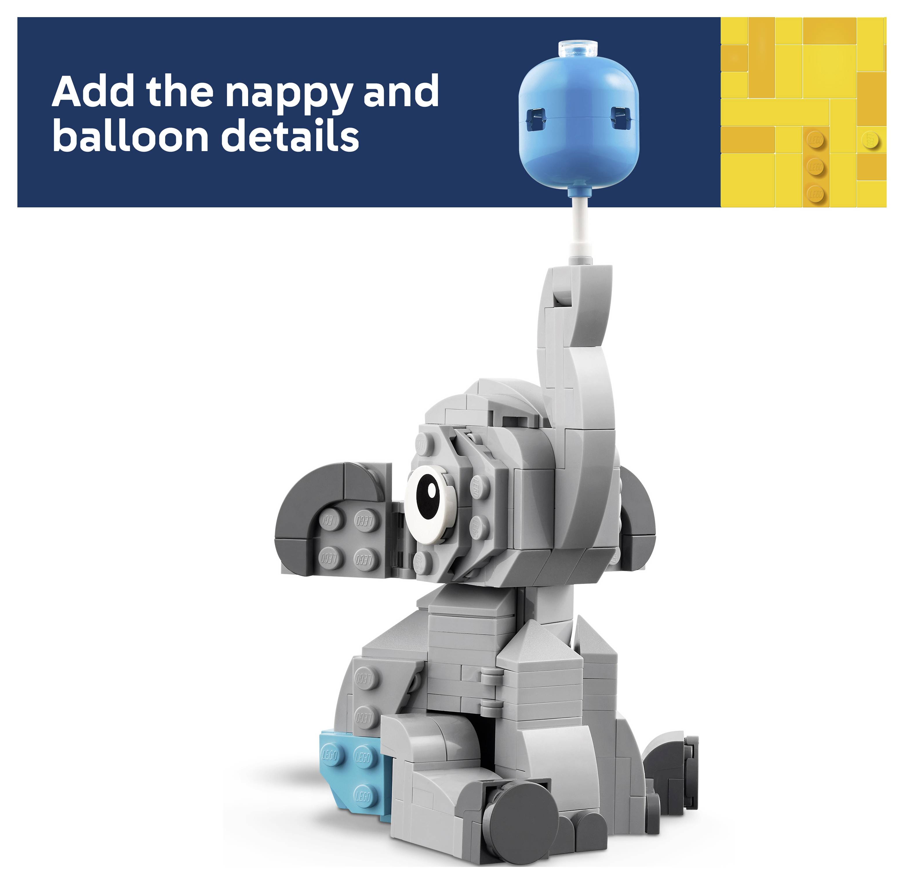 LEGO-ähnliches graues Elefantenmodell mit einem blauen Ballon oben und einem blauen Objekt neben seinem Fuß; Banner sagt 