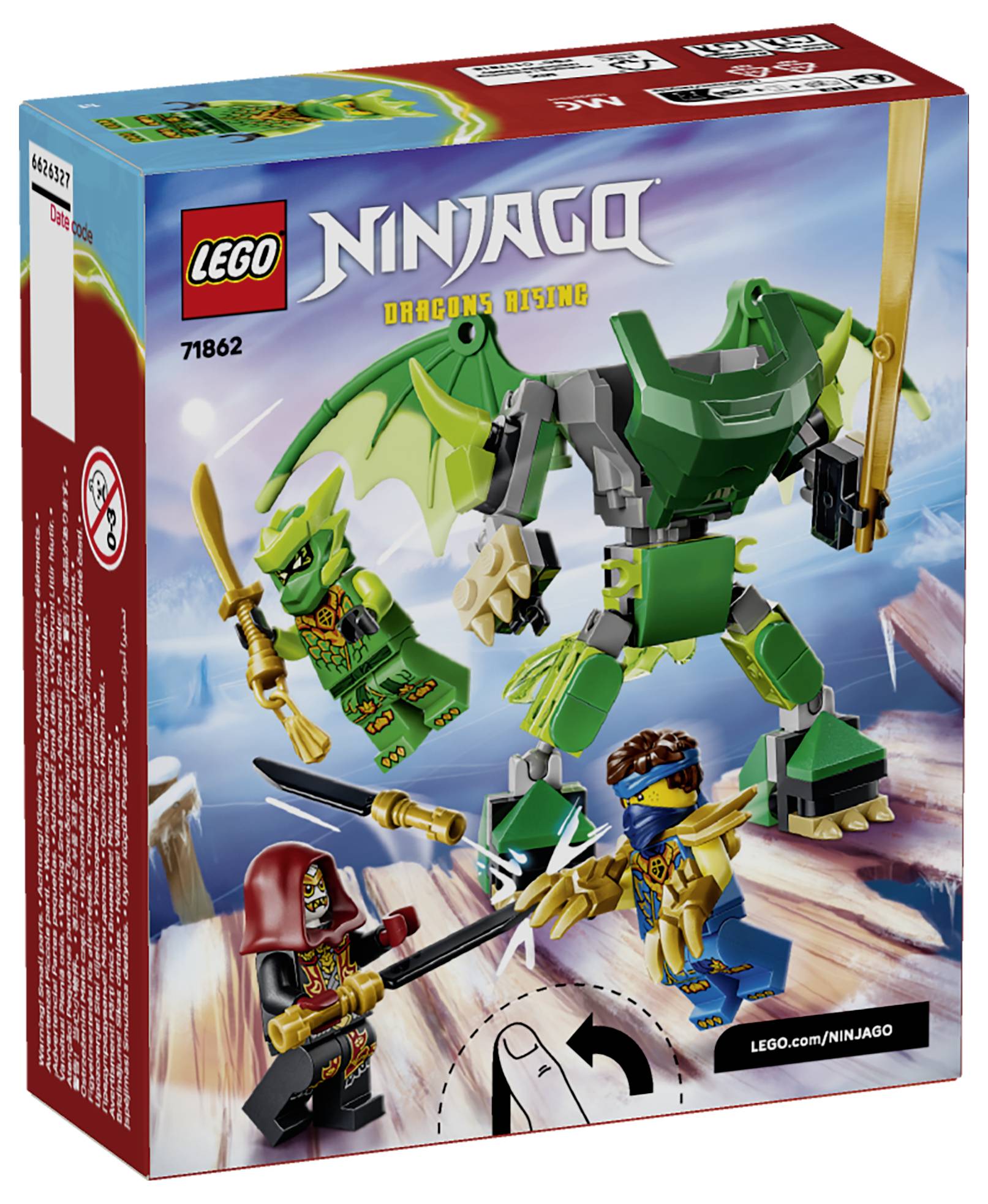 LEGO Ninjago Dragons Rising Set 71862 Schachtelkunst zeigt einen grünen Drachen, zwei Minifiguren und eine Ninja-Kampfszene.