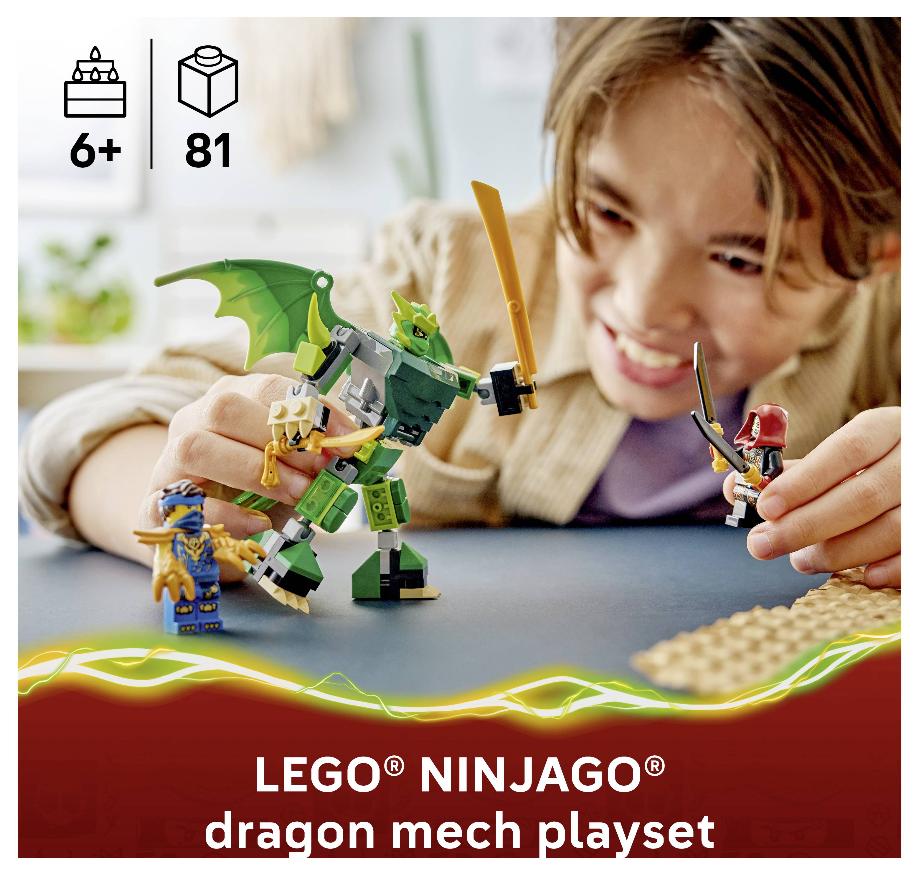 Kind spielt mit einem grünen LEGO NINJAGO Drachen-Mech und Minifiguren; Text lautet „LEGO NINJAGO Drachen-Mech Spielset