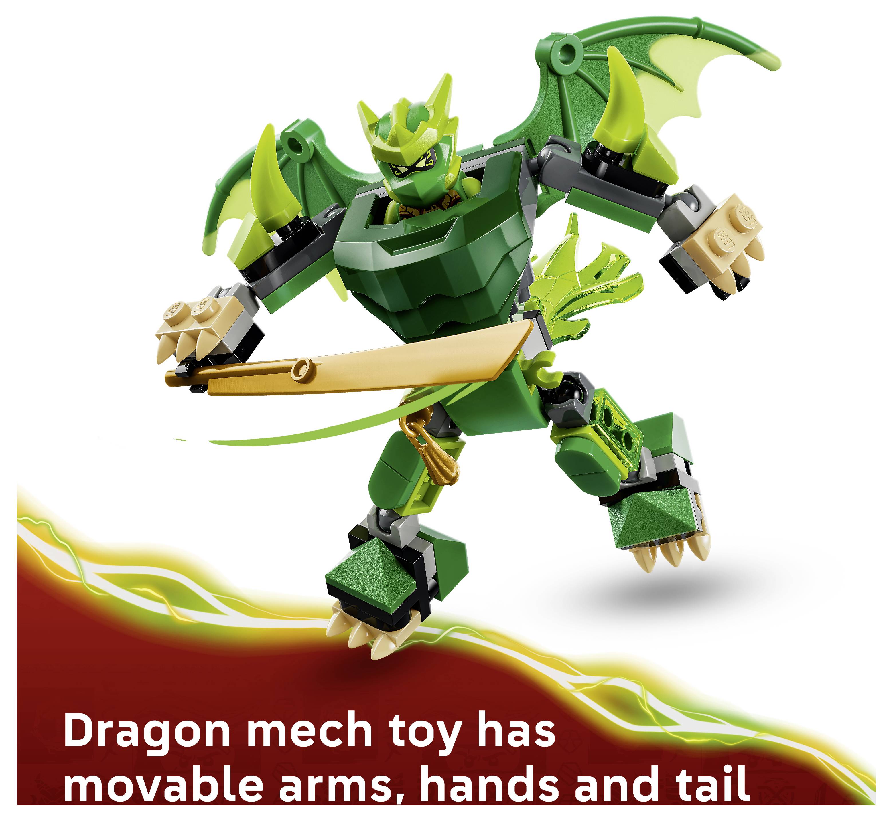 Grünes Drachen-Mecha-Spielzeug mit beweglichen Armen, Händen und Schwanz, posiert mit goldenem Schwert auf weißem Hintergrund.