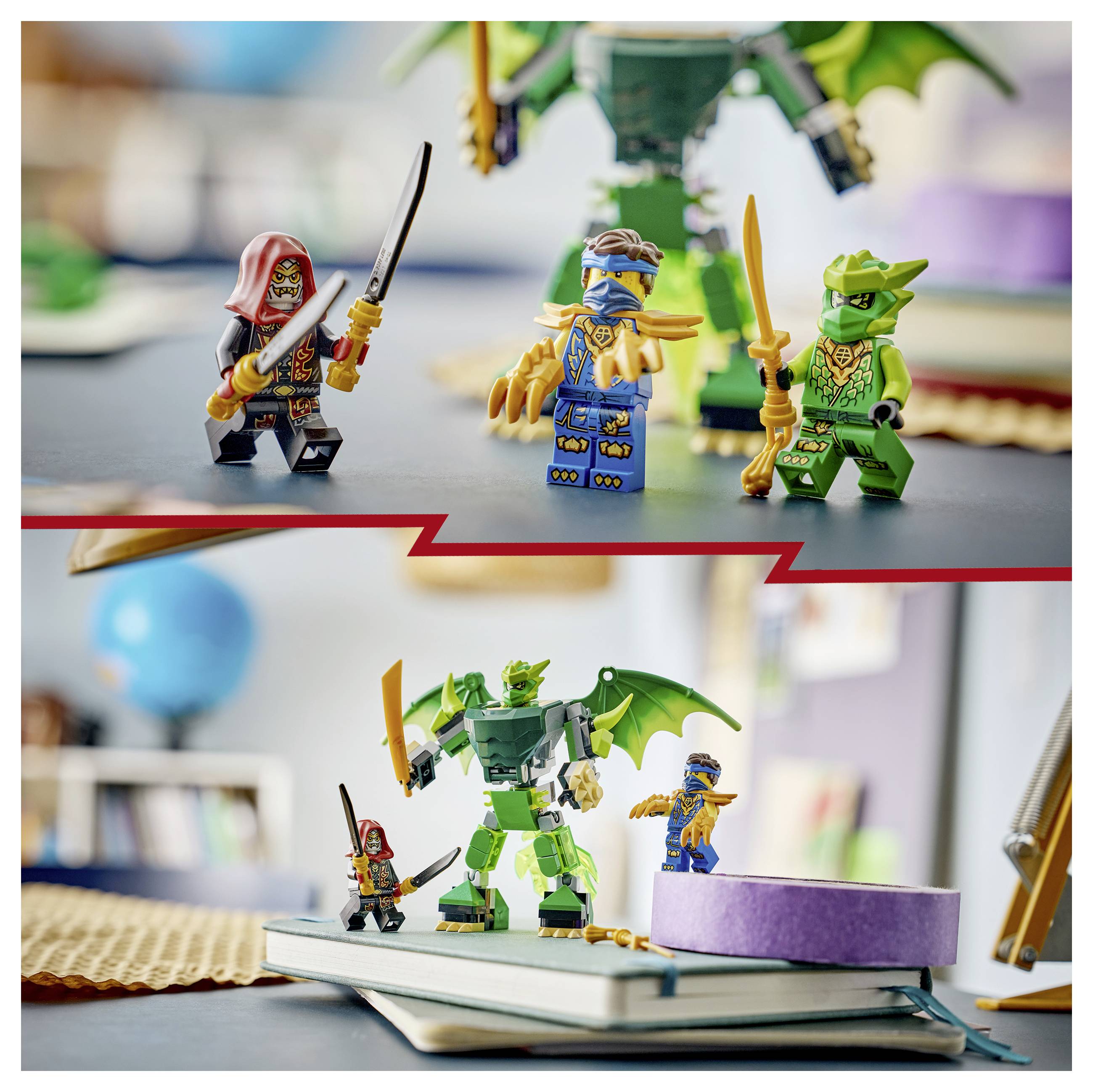 Zwei Fotos von LEGO Ninjago-Figuren, einschließlich eines grünen Drachenmechs und Ninja-Minifiguren, die auf einem Schreibtisch und gestapelten Büchern posiert sind.