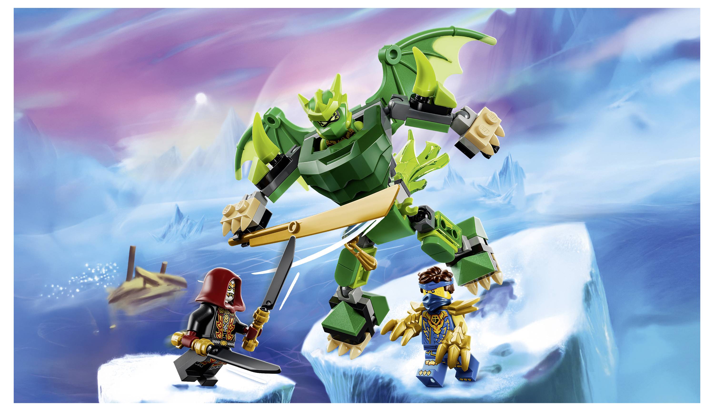 LEGO-ähnliche Szene eines grünen Drachen, der zwei Minifiguren auf eisigen Klippen angreift, wobei eine ein Schwert hält und die andere goldene Rüstung trägt.