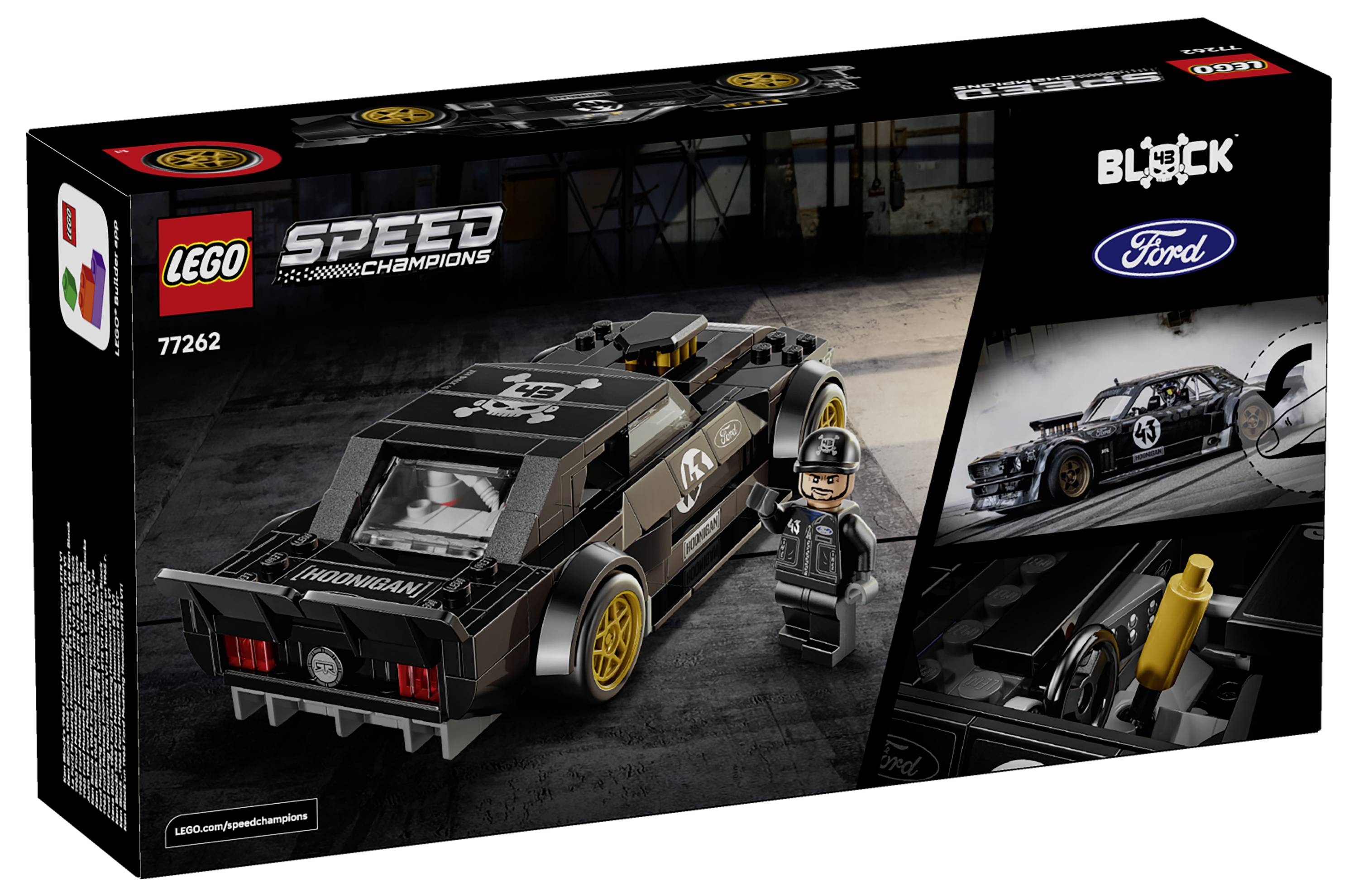 LEGO Speed Champions Ford Modellauto-Set Box mit einem schwarzen Ford-Rennwagen, Minifigur-Fahrer und Black-Logo; Set-Nummer 77262.