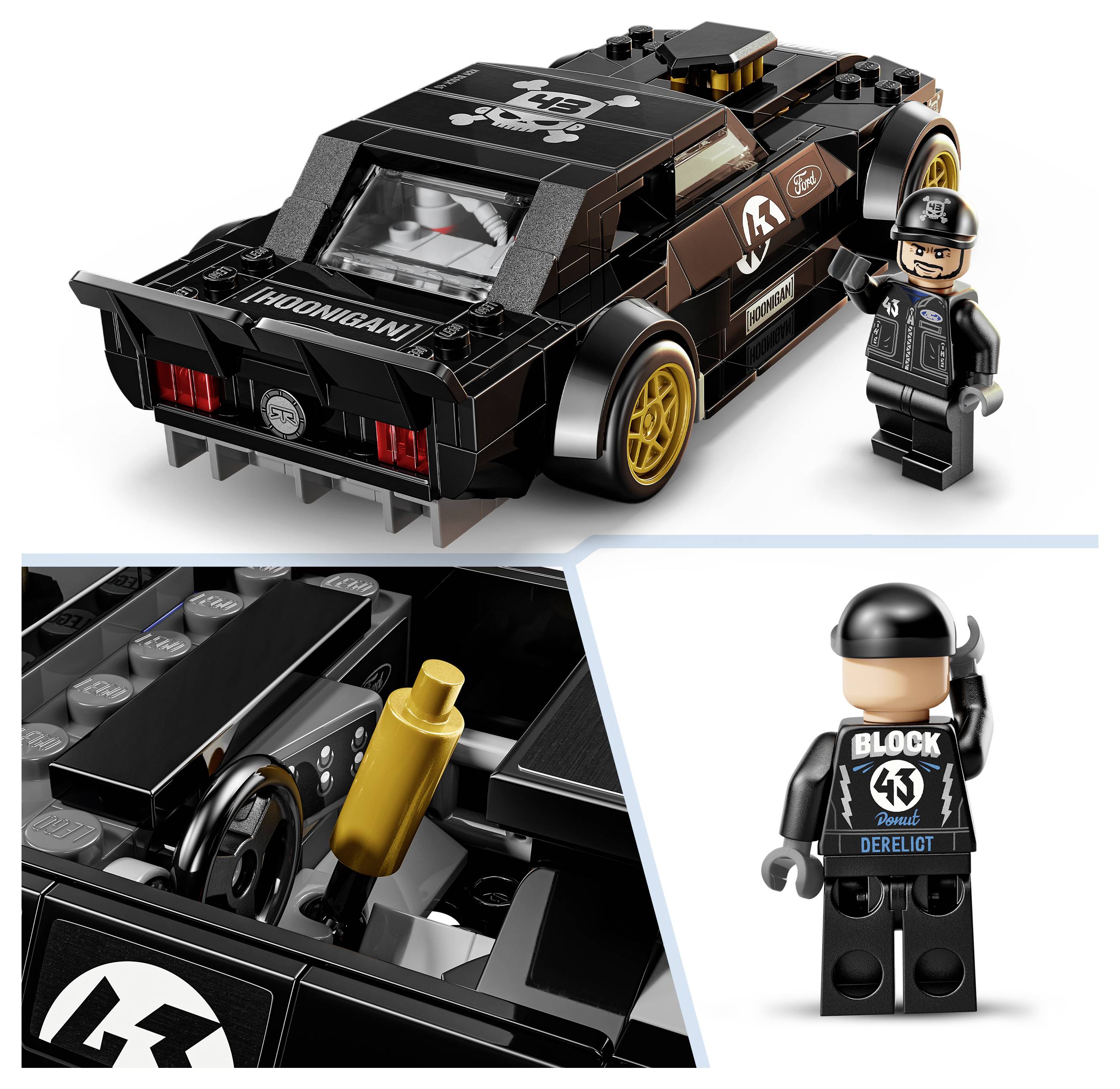 LEGO-ähnlicher schwarzer Hoonigan-Rennwagen mit goldenen Rädern und einer Fahrer-Minifigur, gezeigt mit Nahaufnahme des Motors und Rückansicht der Figur.