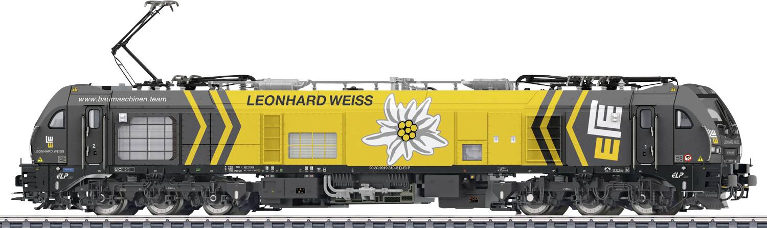Seitenansicht einer gelben und schwarzen LEONHARD WEISS Elektrolokomotive mit einem Gänseblümchen-Logo und angehobenem Stromabnehmer auf dem Dach.