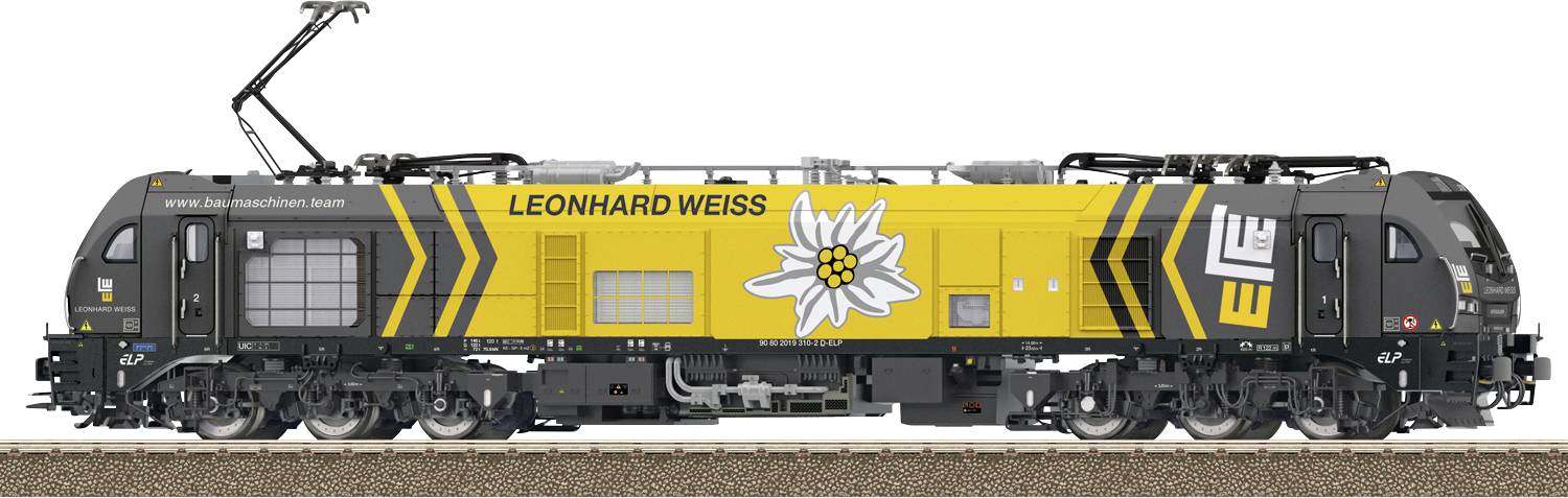 Gelbe und schwarze LEONHARD WEISS Eisenbahnlokomotive mit großem weißem Blumenlogo, von der Seite auf Gleisen gezeigt.