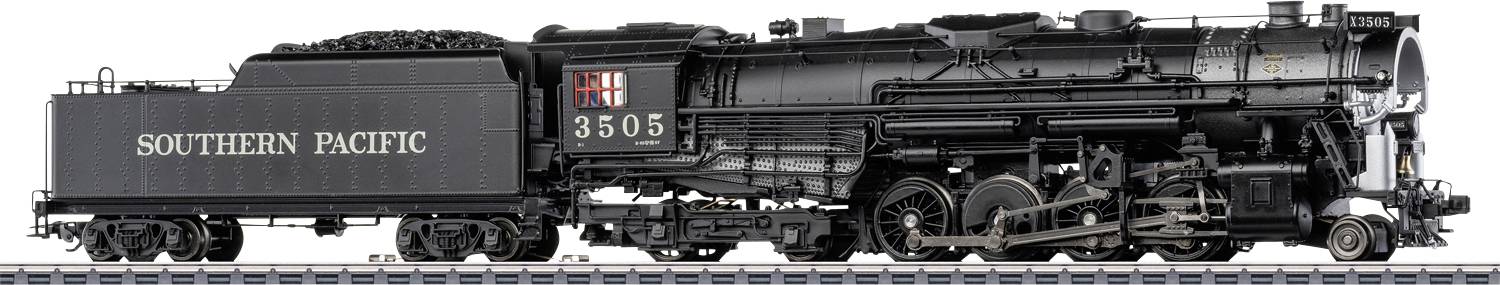 Seitenansicht einer schwarzen Southern Pacific Dampflokomotive mit der Nummer 3505.